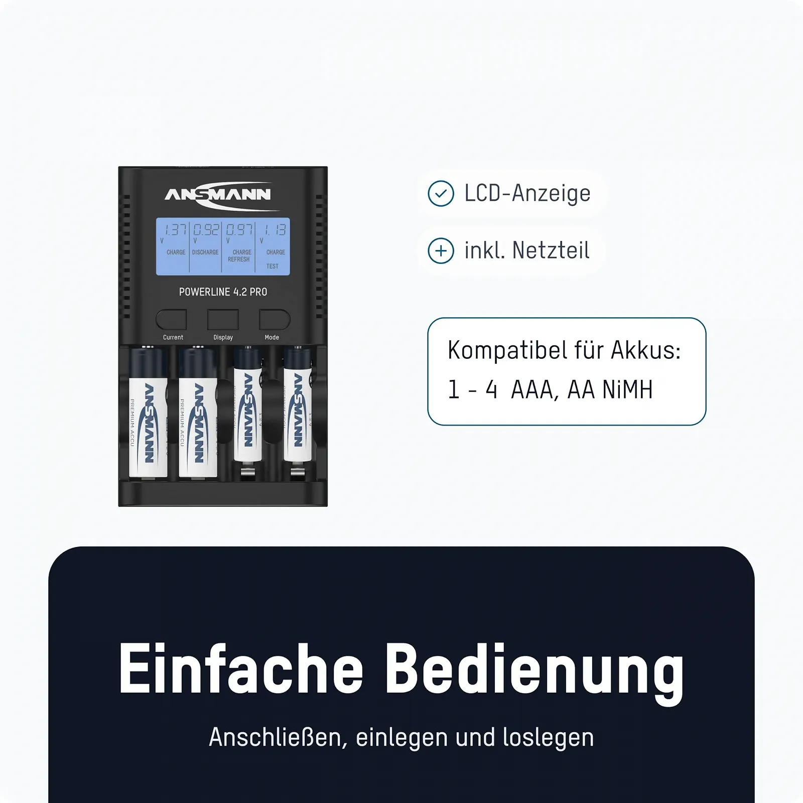 Зарядний пристрій для акумуляторів AA та AAA ANSMANN Powerline 4.2 Pro, РК-дисплей, індивідуальні слоти для заряджання, захист, фото №3
