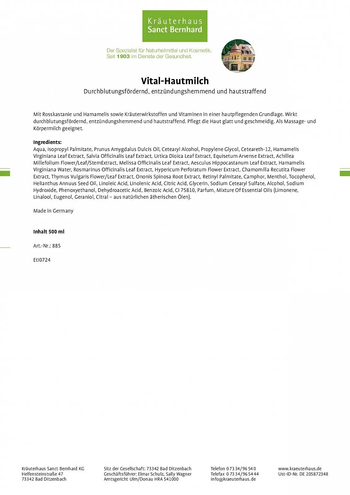 Молочко для тіла Sanct Bernhard Vital з кінським каштаном, гамамелісом 500 мл, фото №2 Молочко для тіла Sanct Bernhard Vital з кінським каштаном, гамамелісом 500 мл, фото №2