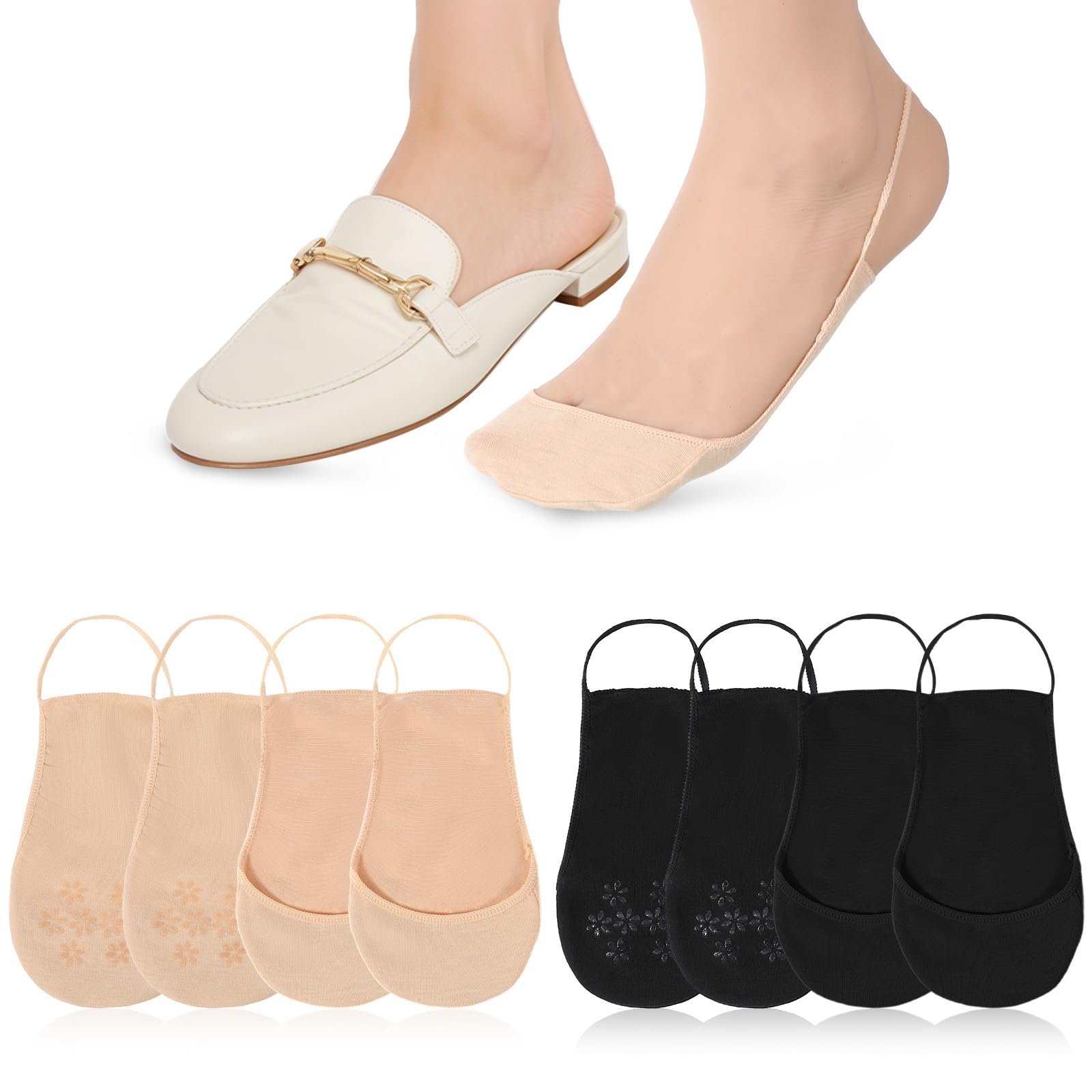 Носки-следки Женские Чёрный, Телесный, Бежевый + Чёрный M (4 пары), фото №1