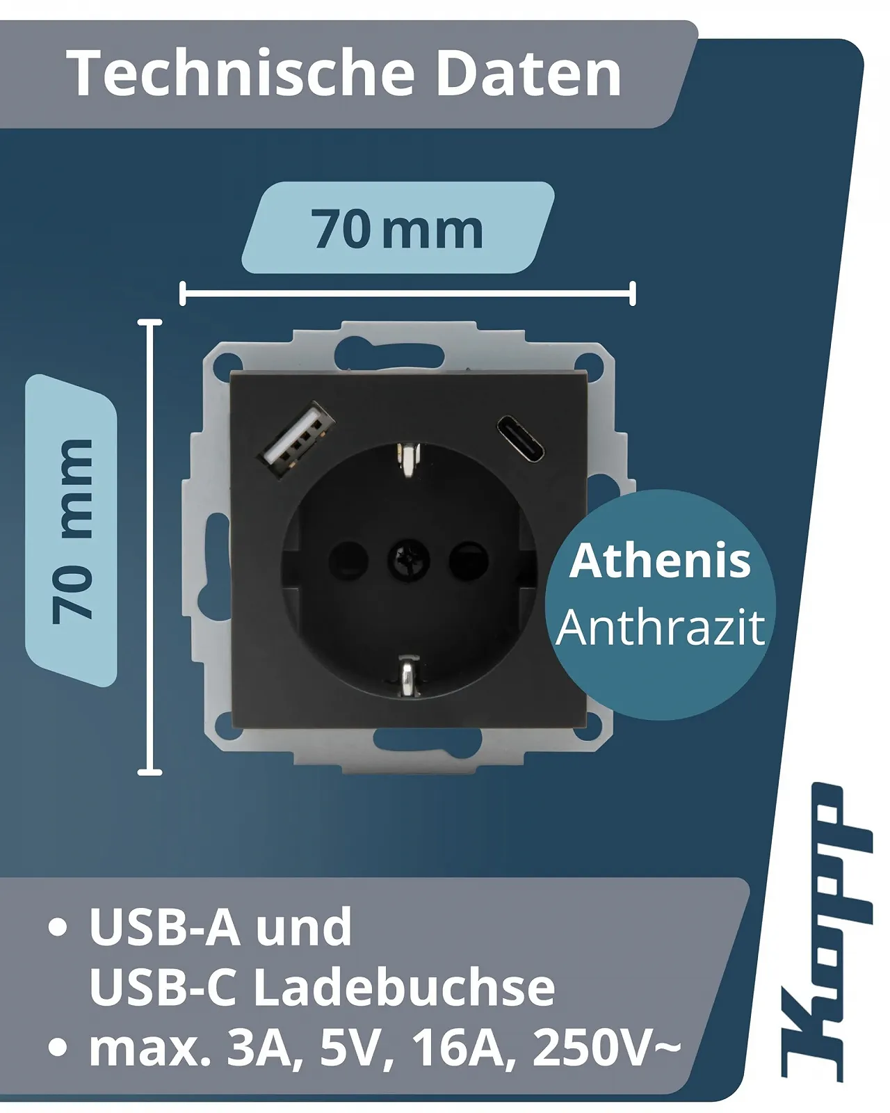 Розетка прихованого монтажу з USB A та USB C Kopp ATHENIS 16 А / 250 В~ IP20 Антрацит, фото №2