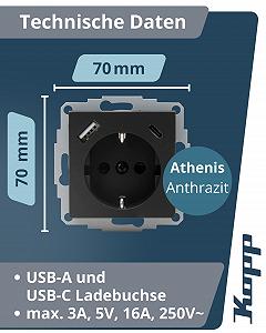 Розетка прихованого монтажу з USB A та USB C Kopp ATHENIS 16 А / 250 В~ IP20 Антрацит synthetic.ua - Фото 1