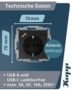 Розетка скрытого монтажа с USB A и USB C Kopp ATHENIS 16 А / 250 В~ IP20 Антрацит synthetic.ua - Фото 1