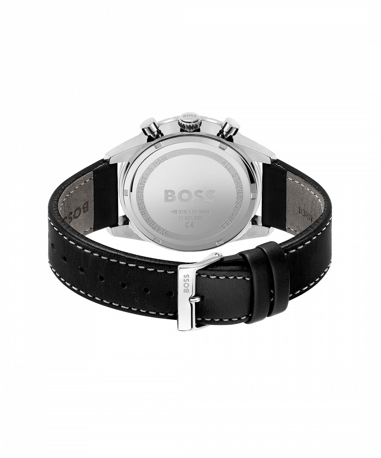 Хронограф BOSS Чоловічі Pilot Edition Chrono 44 мм, чорний циферблат, чорний шкіряний ремінець, функція дати, 3 тоталізатори, водонепроникність 5 атм, чорний, класичний і спортивний, фото №3
