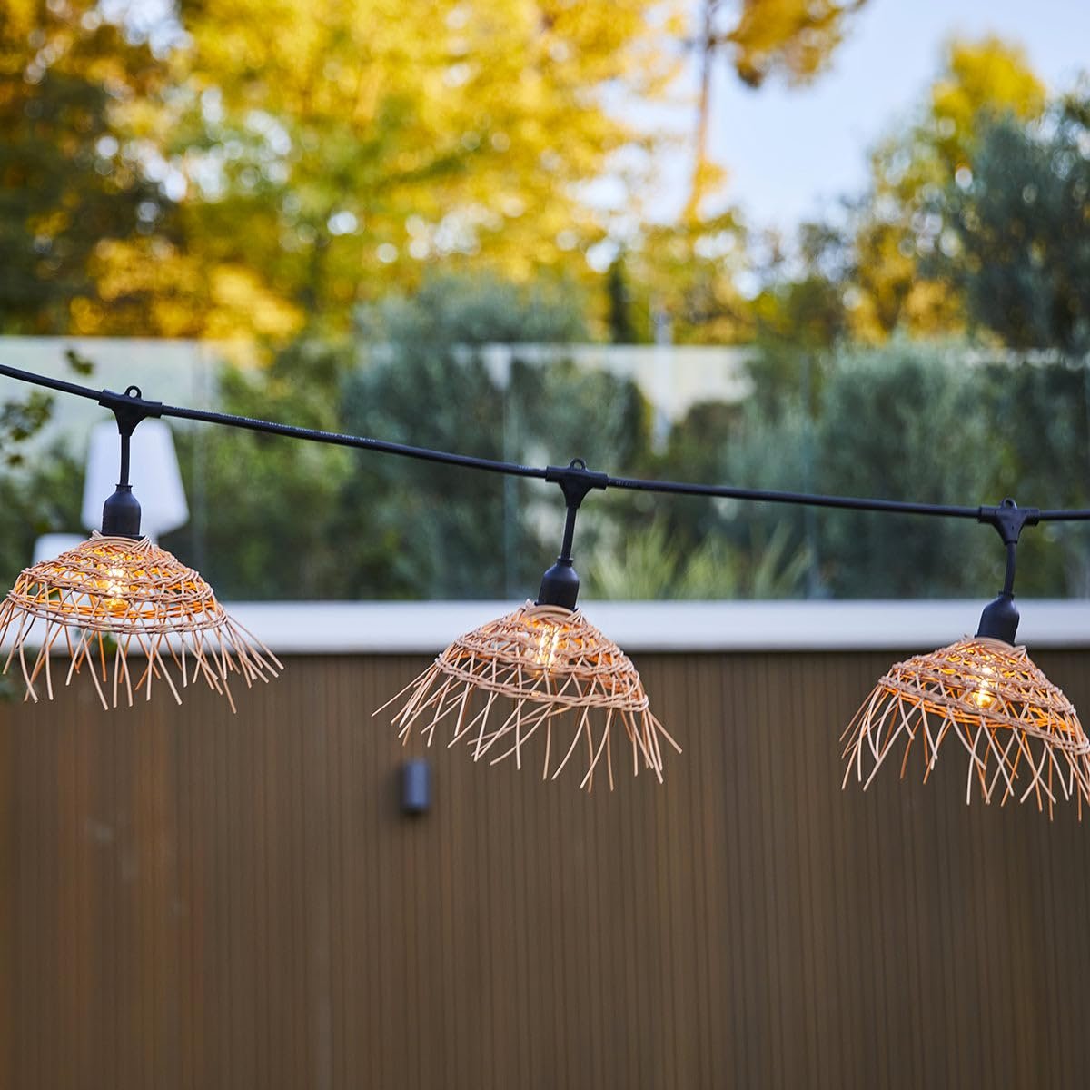 Гирлянда Lumisky 10 м 20 LED Filament E27 Теплый белый Hawaii Light Абажур полиротанг Boho, фото №4