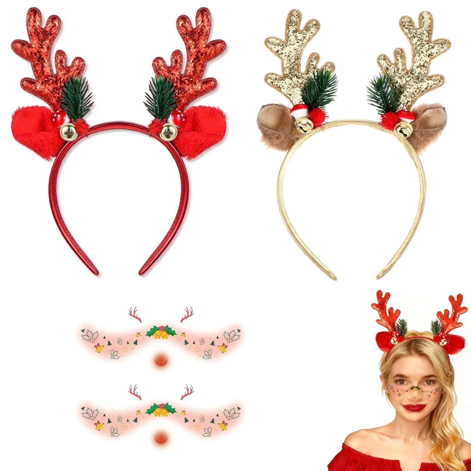 Набір з 2 Різдвяних обручів для волосся з оленячими ріжками, фото №1