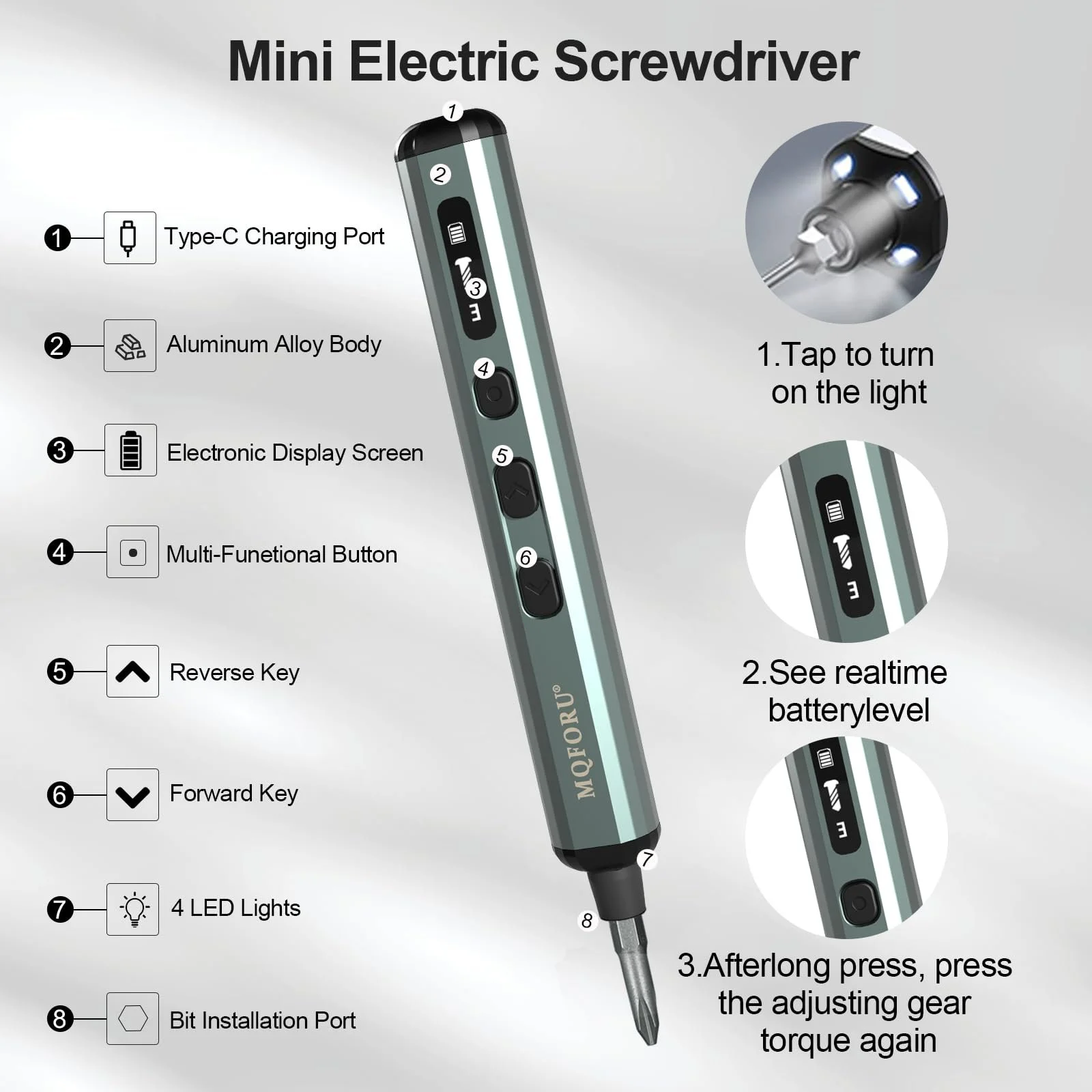 Міні-електрична викрутка Набір 72 в 1 прецизійна з 64 магнітними бітами 5 рівнів моменту 4 LED для телефонів та камер, фото №3