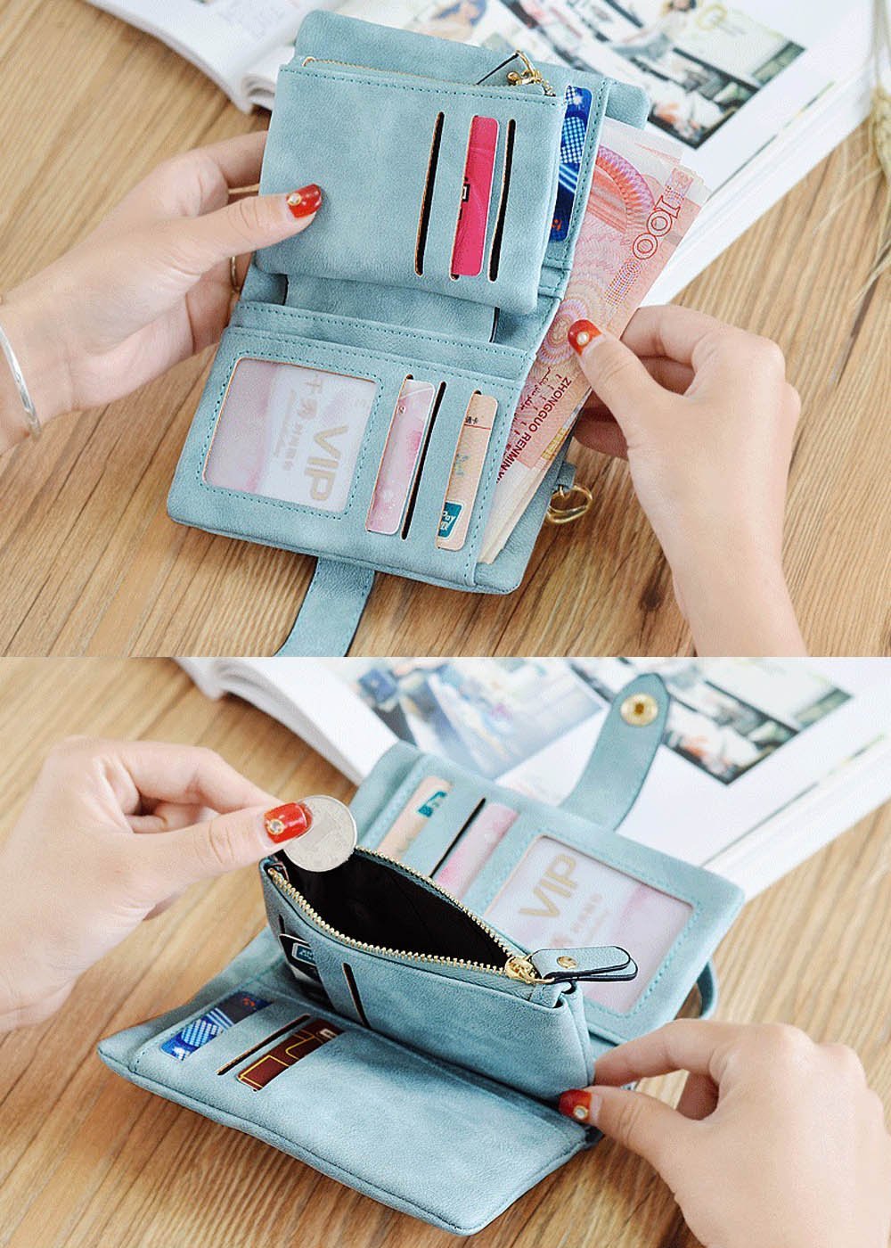 Кошелек YOTOO TOPKULL Женский маленький бифолд RFID из мягкой кожи Трифолд Мини-клатч для монет на молнии с ремешком на запястье, фото №5