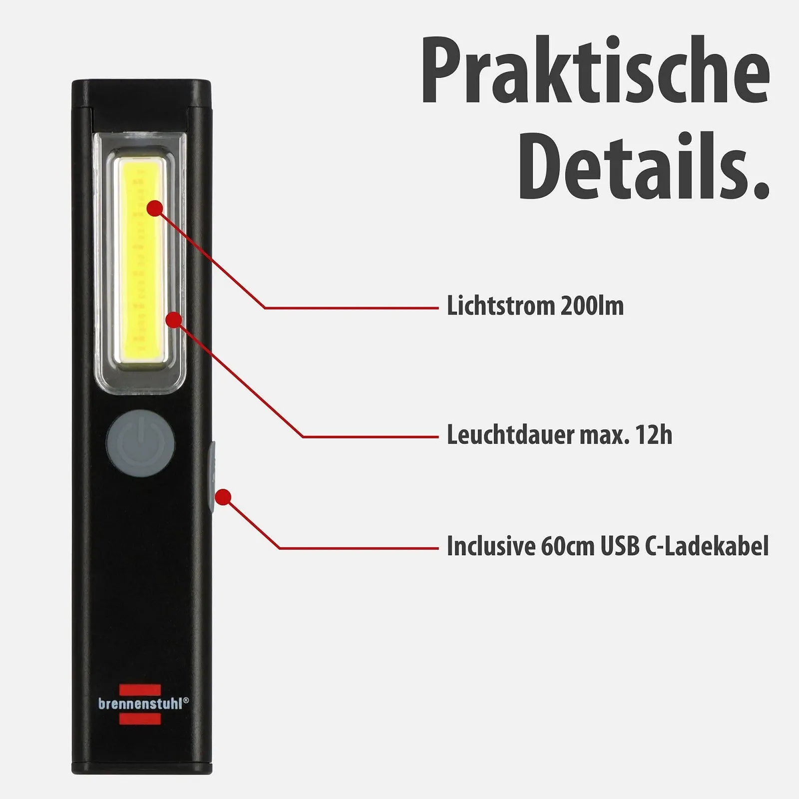Ручний Ліхтар Brennenstuhl PL 200 AC LED Акумуляторний COB LED 200лм Червоний, фото №3