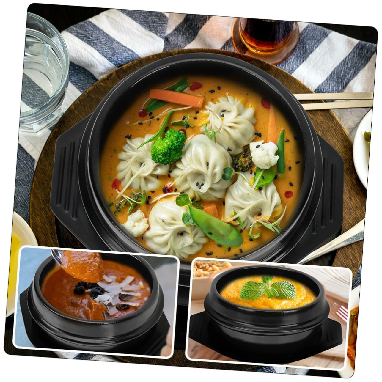 Керамическая кастрюля Toyvian с подносом круглая для бибимбапа, запеканок и супов с антипригарным покрытием и двойными ручками, фото №6