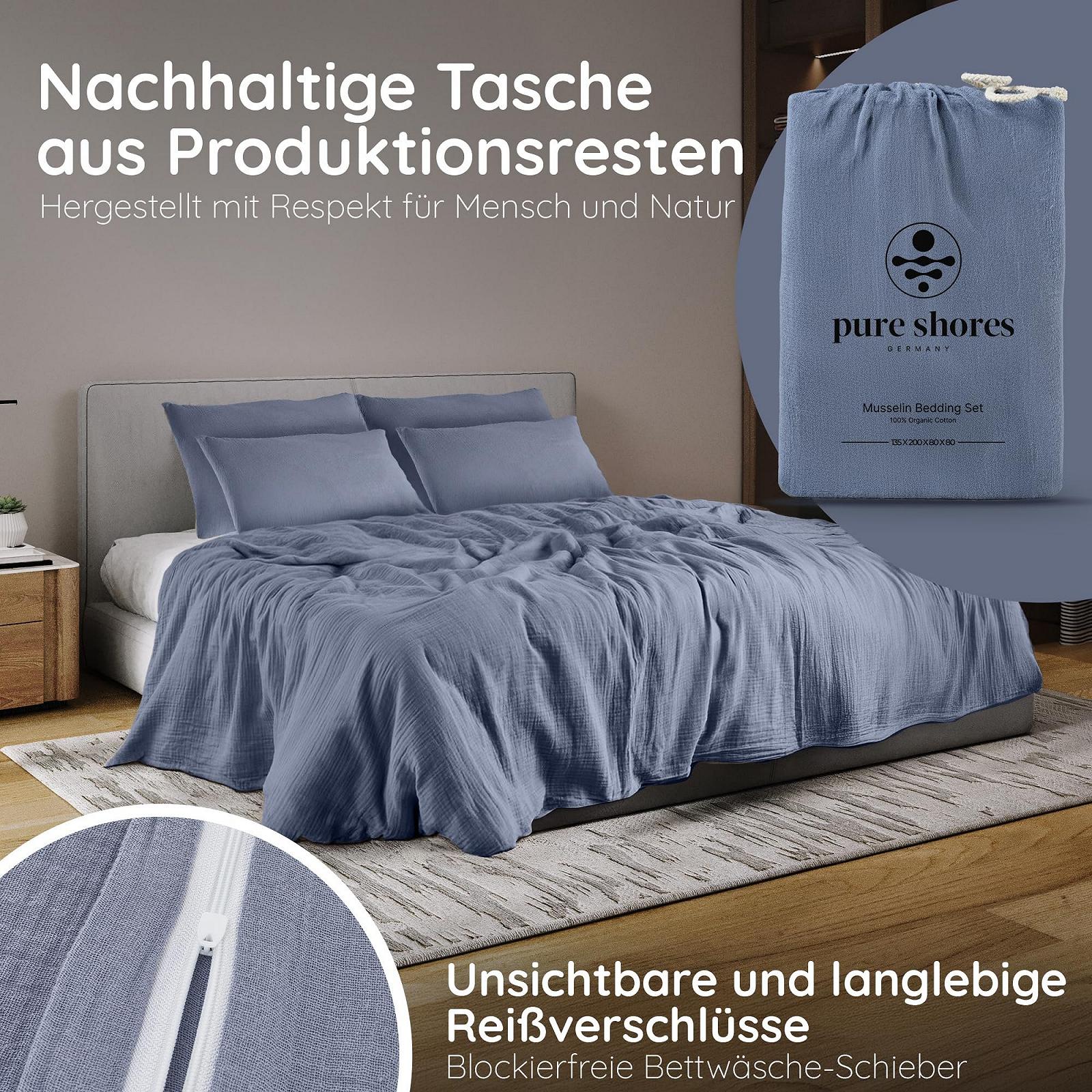Постільна білизна Muslin Pure Shores 135 x 200 см органічна, комплект, 100% бавовна, з блискавкою, 1 наволочка 80 x 80 см, Tidal Blue, фото №6