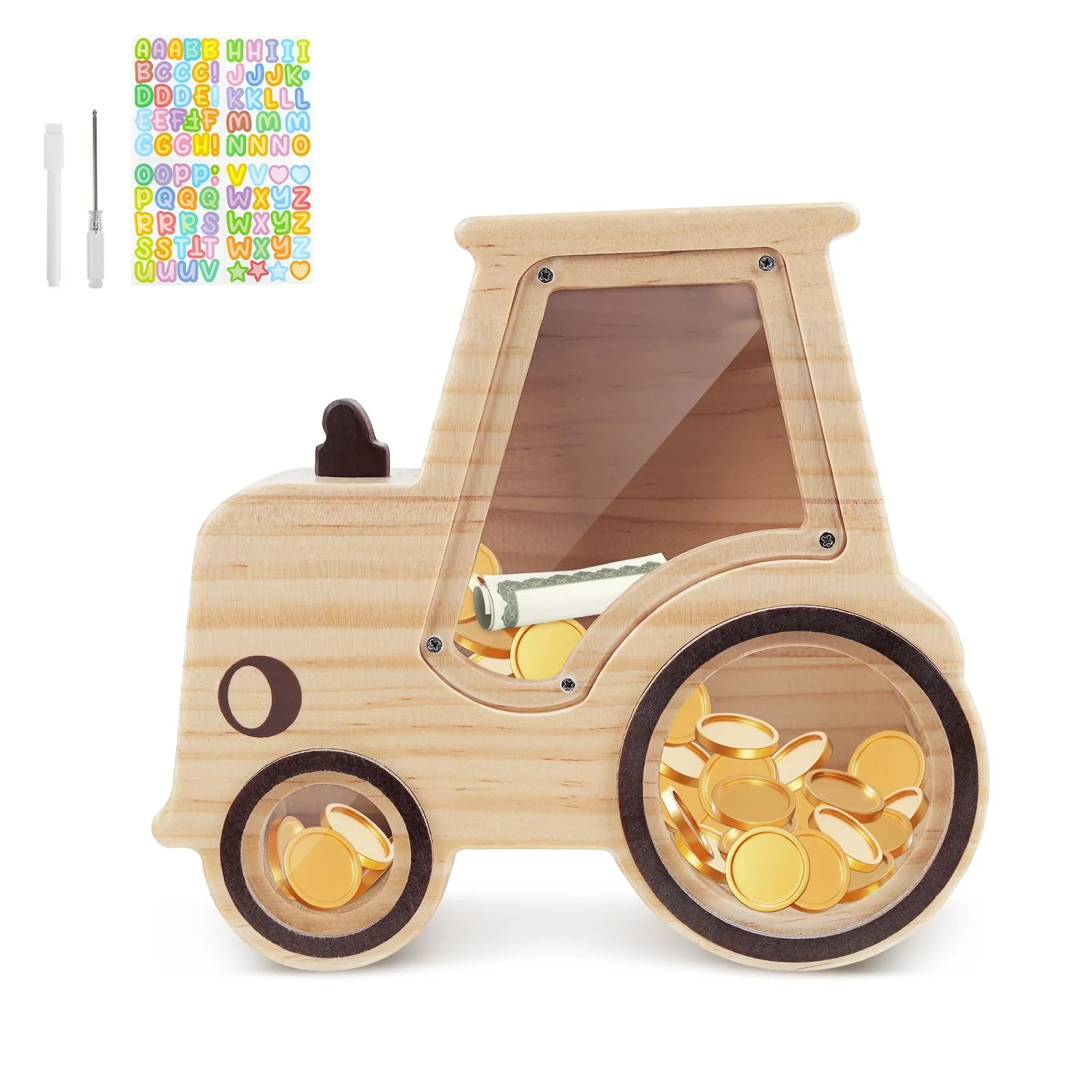 Скарбничка дерев'яна дитяча Трактор з маркером та наклейками, фото №1