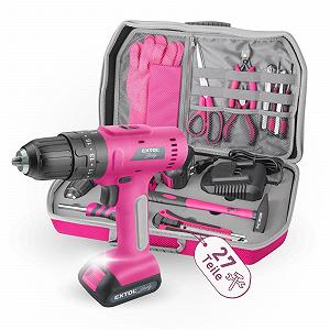 Набір Extol Lady Cordless Drill 27 шт I 12 В Li-Ion жіночий бездротовий шуруповерт рожевий з ударною функцією 2000 мАг I 2-швидкісний бездротовий ударний дриль з сумкою для інструментів I з рожевим футляром - Фото 1