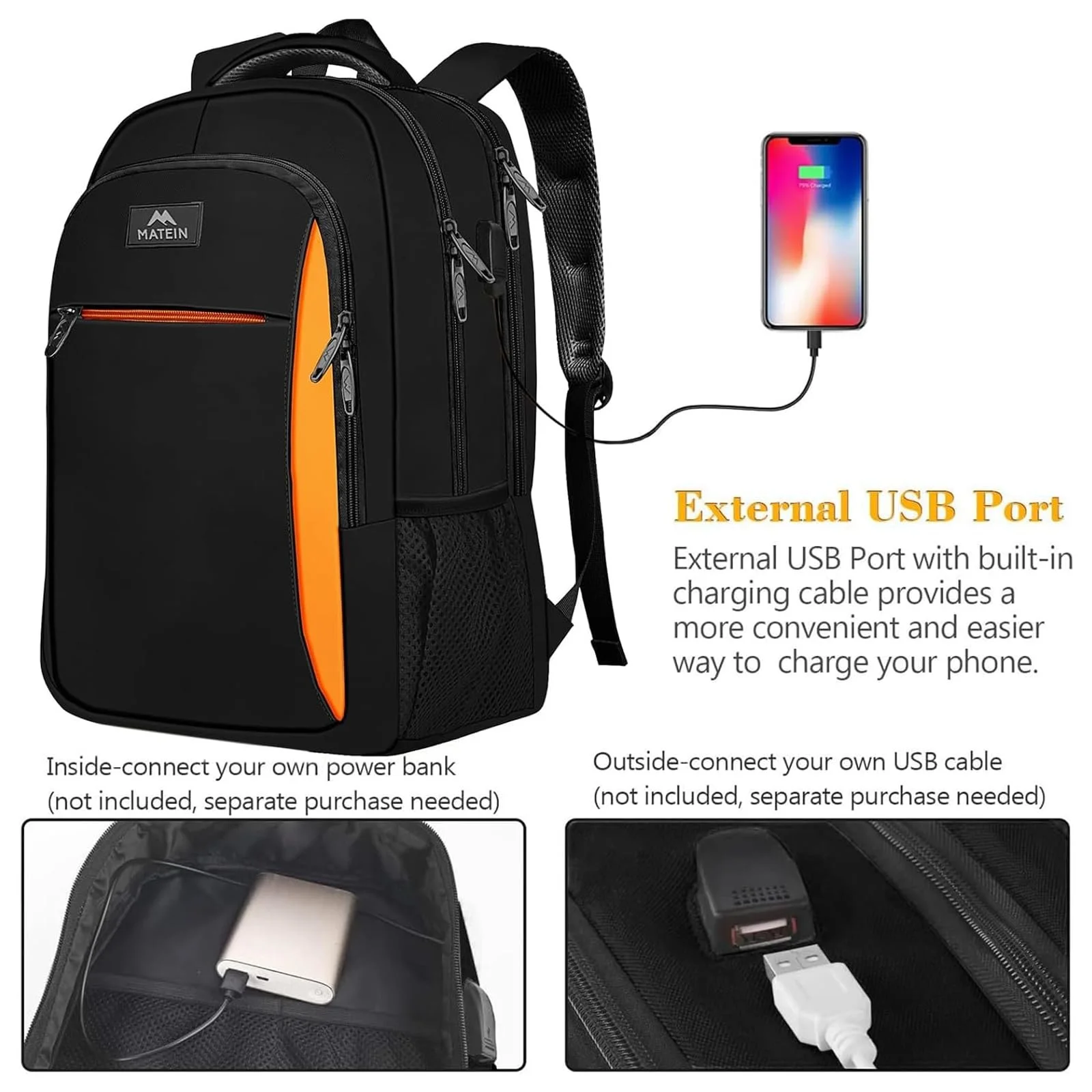 Рюкзак для ноутбука MATEIN 17.3 дюйма USB Черно-оранжевый, фото №2 Рюкзак для ноутбука MATEIN 17.3 дюйма USB Черно-оранжевый, фото №2