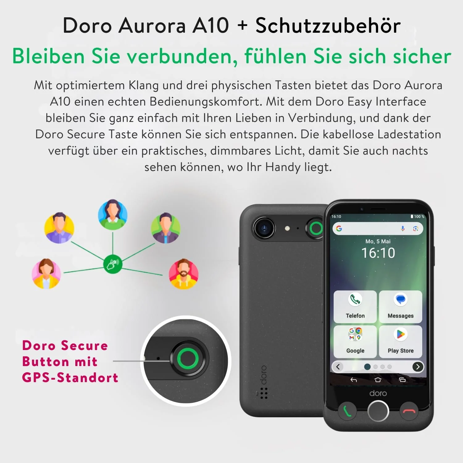 Смартфон Doro Aurora A10 для літніх людей з кнопкою допомоги GPS та бездротовою зарядною станцією Graphite, фото №4 Смартфон Doro Aurora A10 для літніх людей з кнопкою допомоги GPS та бездротовою зарядною станцією Graphite, фото №4