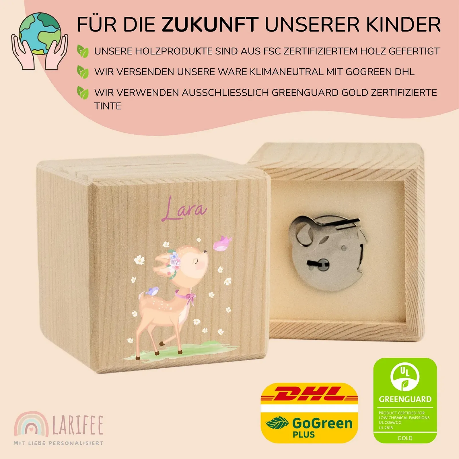 Скарбничка LARIFEE Deer Fawn with Butterfly дерев'яна персоналізована із замком та ключем куб, фото №3