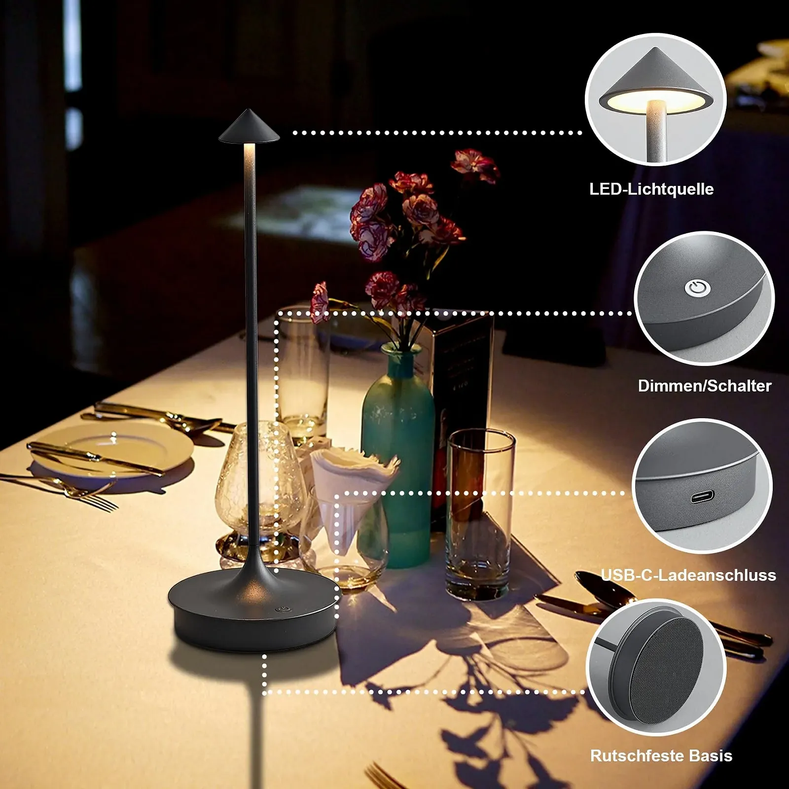 Настольная лампа Leomix LED беспроводная аккумуляторная 4000 мАч сенсорная диммируемая IP54, фото №3