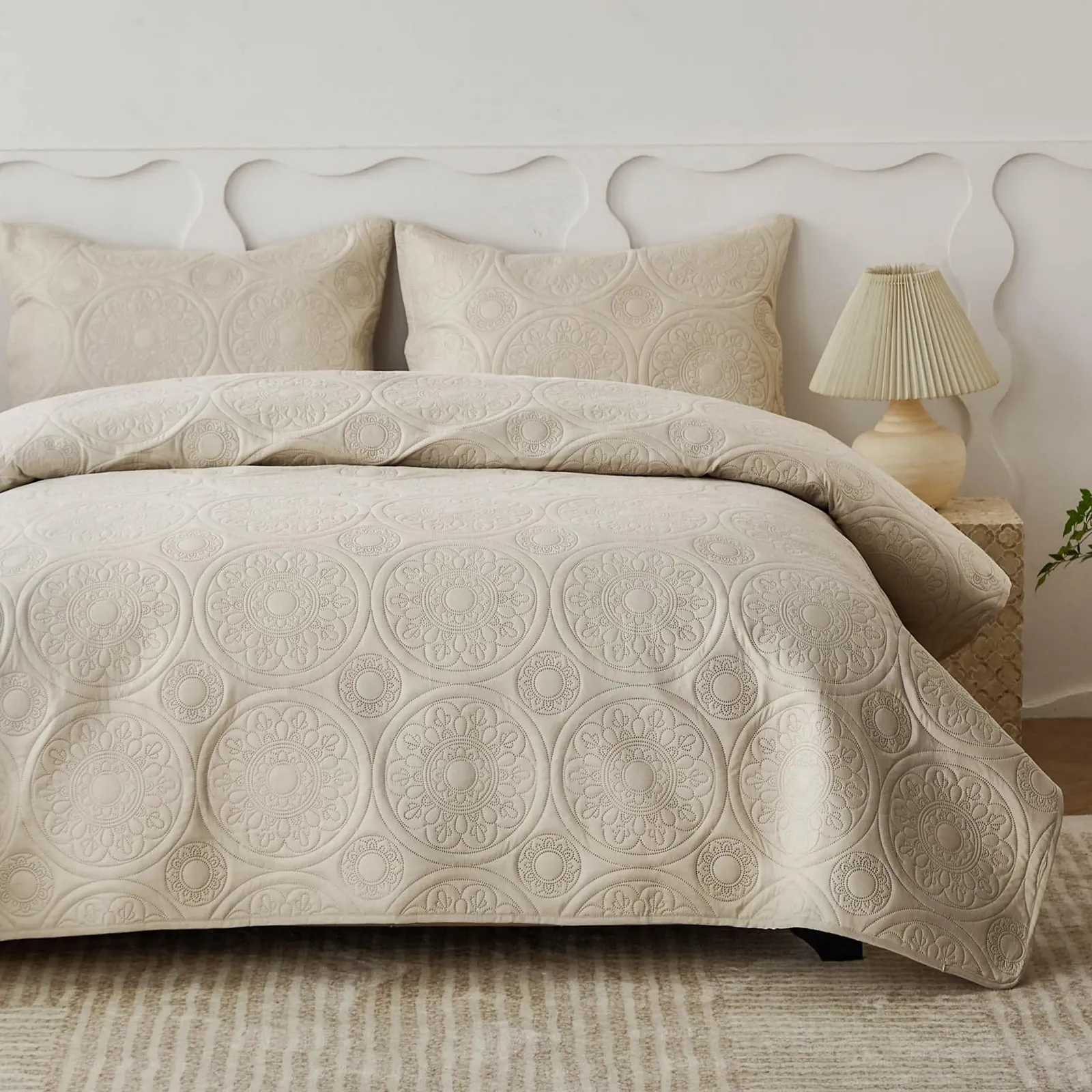 Покрывало стеганое Simple&Opulence Двуспальный Мягкий Двусторонний Микрофибра Цветочный Бежевый (220 x 240 см, 3 шт), фото №1