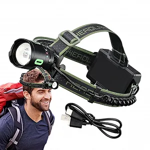 Налобный фонарь с USB кабелем для зарядки, яркий фонарь с предупреждающим дизайном для рыбалки и охоты - Фото 1