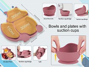 Набор детской посуды Hoseay Силиконовый 5 предметов Нескользящий Детская тарелка с присоской Миска Слюнявчик Ложка Вилка Моющийся Без BPA Розовый synthetic.ua - Фото 1