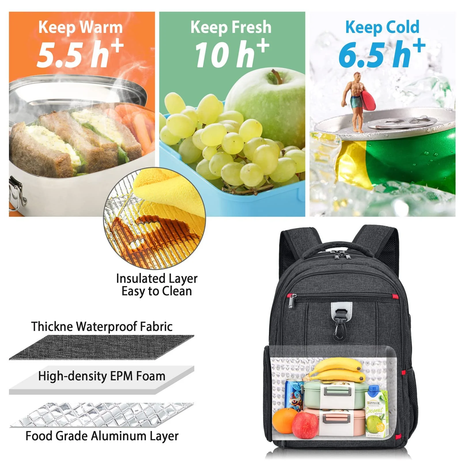 Рюкзак для ноутбука 17.3 Inch Lunch Backpack Waterproof USB Charging Port Черный, фото №5