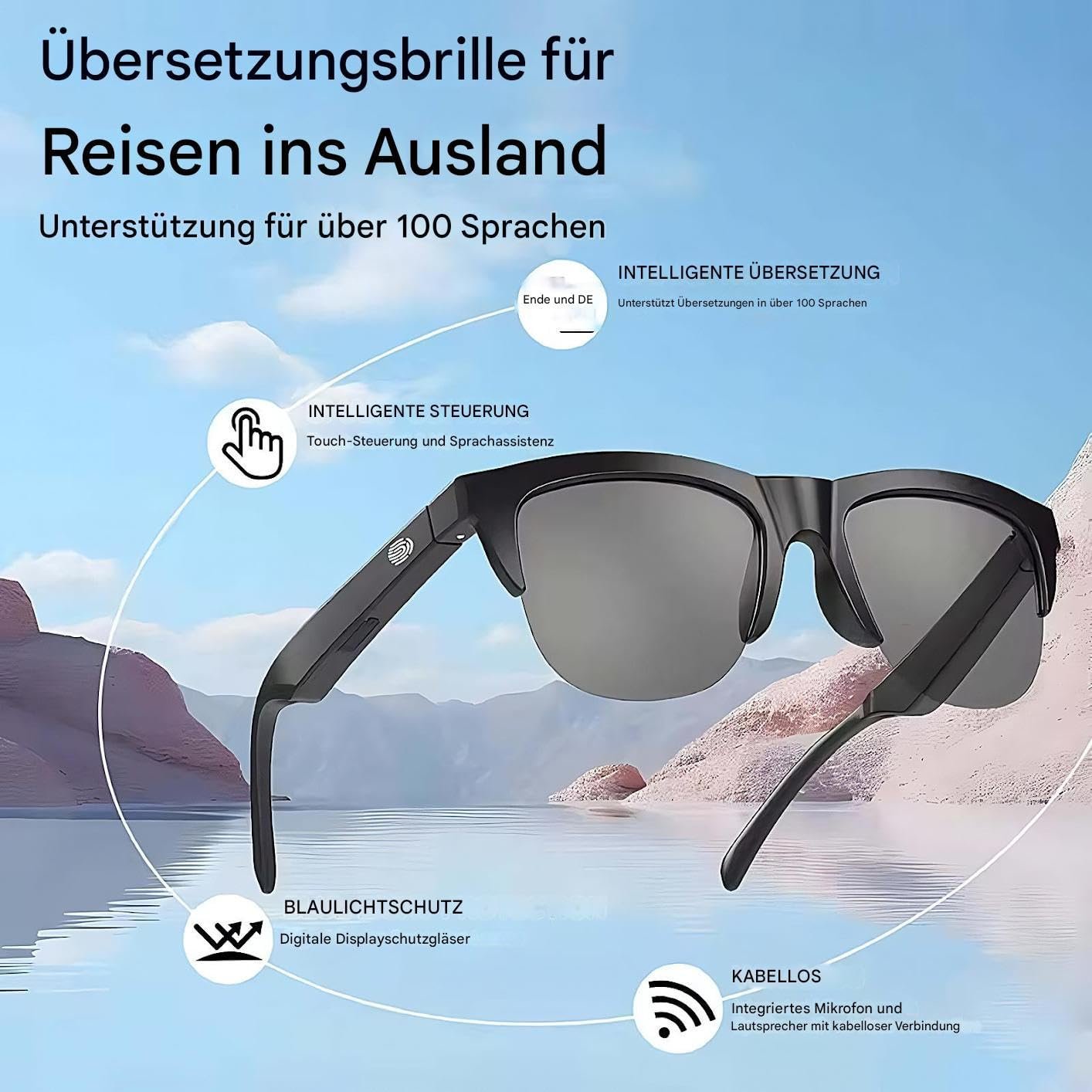 AI Переводчик Очки, Очки для перевода, Более 100 языков, Легкие и Стильные AI Очки для Женщин, Мужчин, Путешествий, Чтения, Магазинов, фото №2