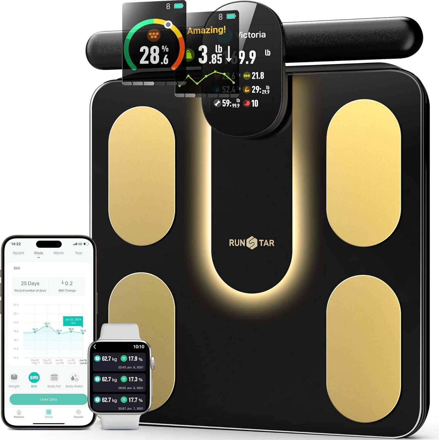 Разумные весы RunStar Smart 8 / с 8 электродами для ИМТ / мышечной массы / 3-метрический дисплей / с 28 показателями и подключением к приложениям, фото №1