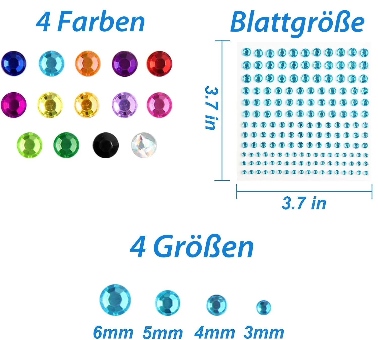 Самоклеючі блискучі камінці, 2300 штук, блискучі діаманти для макіяжу обличчя, прикрас та святкових аксесуарів, 14 аркушів, фото №2