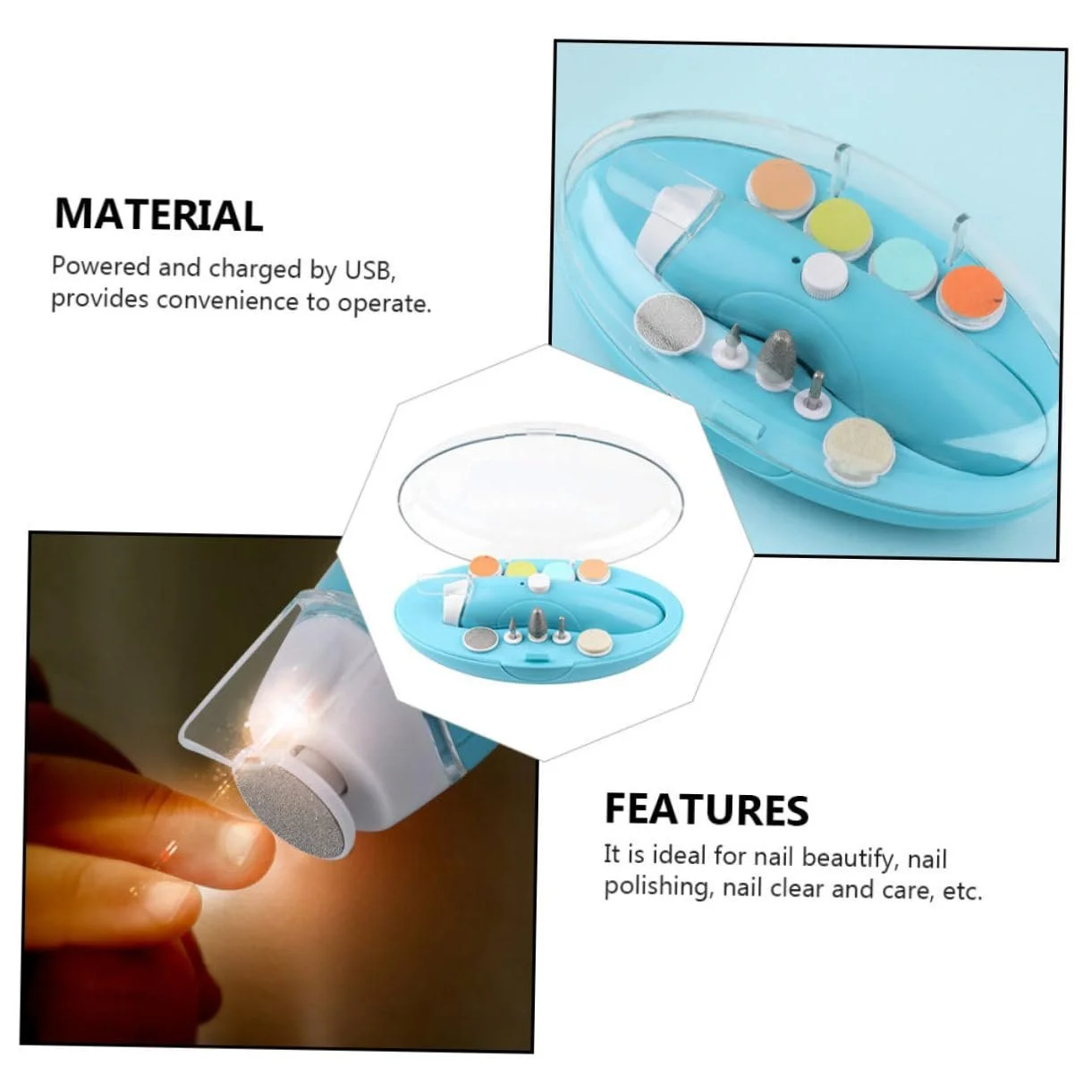 Электрический набор для подстригания ногтей WRITWAA USB Заряжаемый многофункциональный полировщик для ногтей для взрослых и домашних животных Портативный маникюрный набор с различными насадками, фото №5