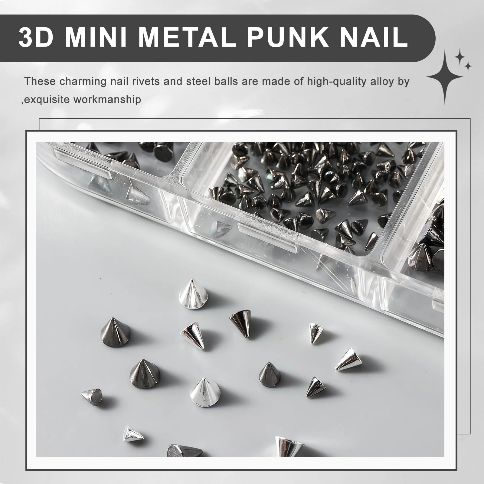 Набор для ногтей Lilbitty 3D Mini Metal Punk Золотые и Черные Конические Шипы, Сплавные Заклепки, Стальные Шарики, фото №4