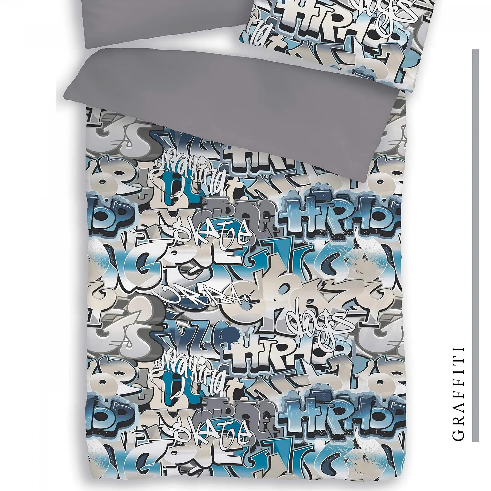Комплект постільної білизни termana Graffiti 135x200 см 100% бавовна з блискавкою 3D синьо-сірий, фото №3