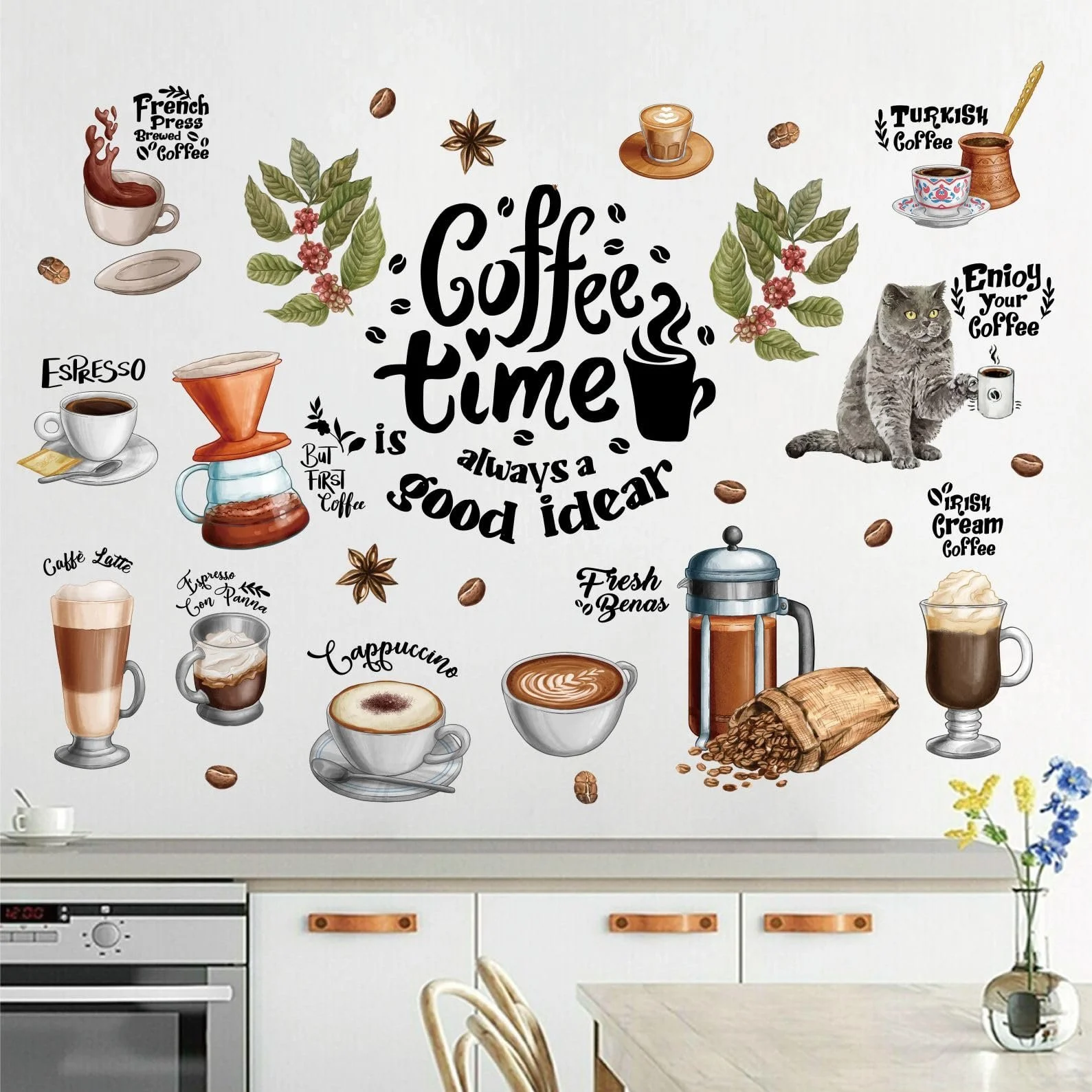 Набор наклеек на стену Coffee Time Кухня Кофе Кот Чашка Зерна 36 шт, фото №1