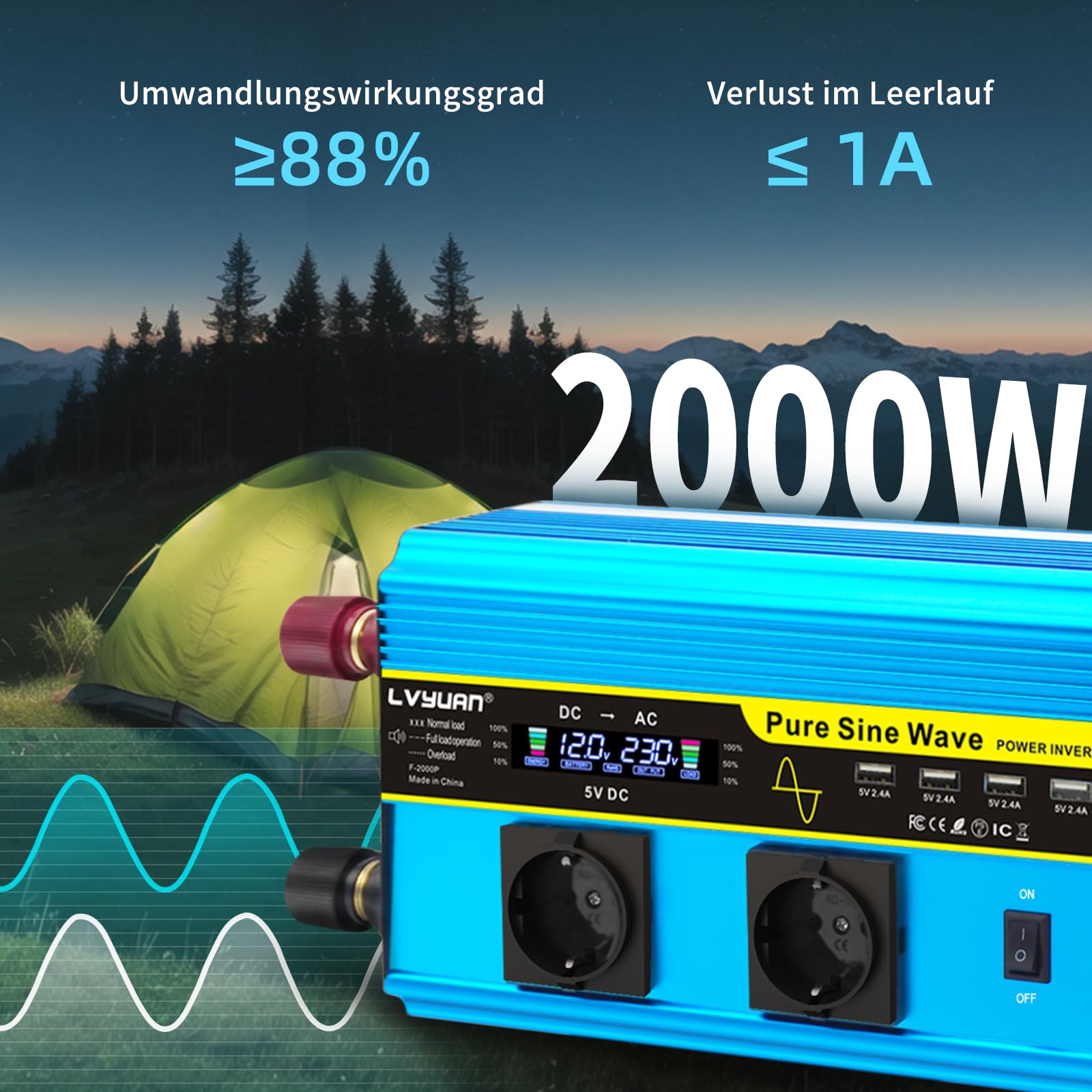 Інвертор LVYUAN Pure Sine Wave 12V до 230V 2000W/4000W з бездротовим пультом ДК 2 розетки AC 4 порти USB, фото №4