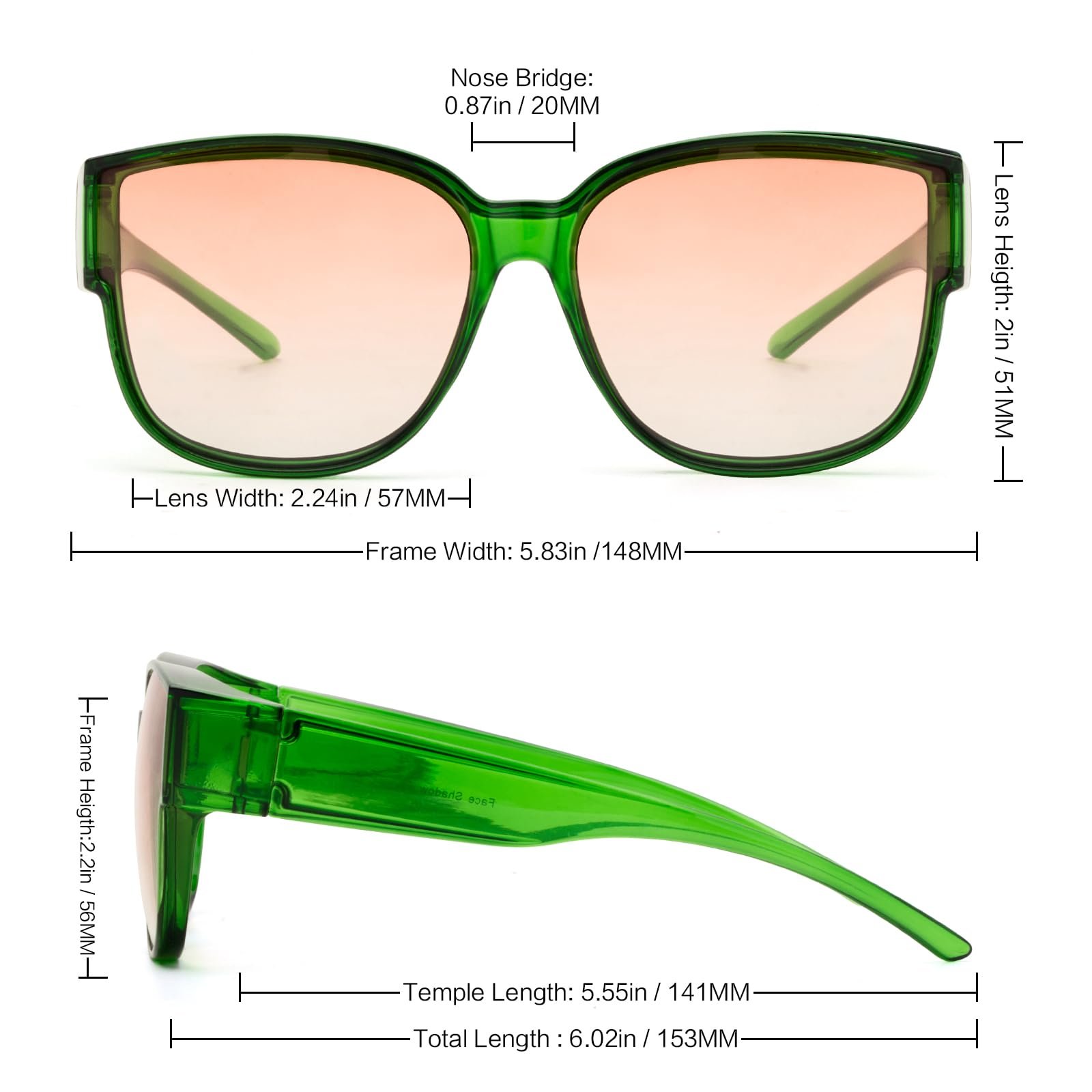 Сонцезахисні окуляри поляризаційні Face Shadow для жінок, для носіння поверх звичайних окулярів, захист UV400, великі, ультралегкі, для водіння, риболовлі, XL-прозора зелена оправа/градієнт, фото №4