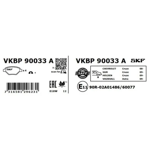 Комплект гальмівних колодок, дискове гальмо SKF VKBP 90033 A для OPEL VAUXHALL CHEVROLET, фото №2