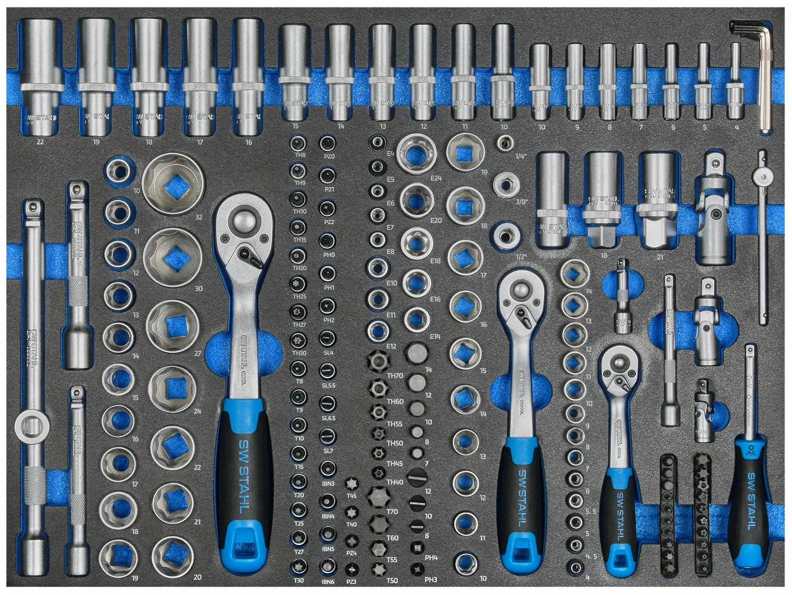 Набір для візка SW-Stahl, головки 1/4", 3/8", 1/2", з тріскачками, 171 предмет, фото №1