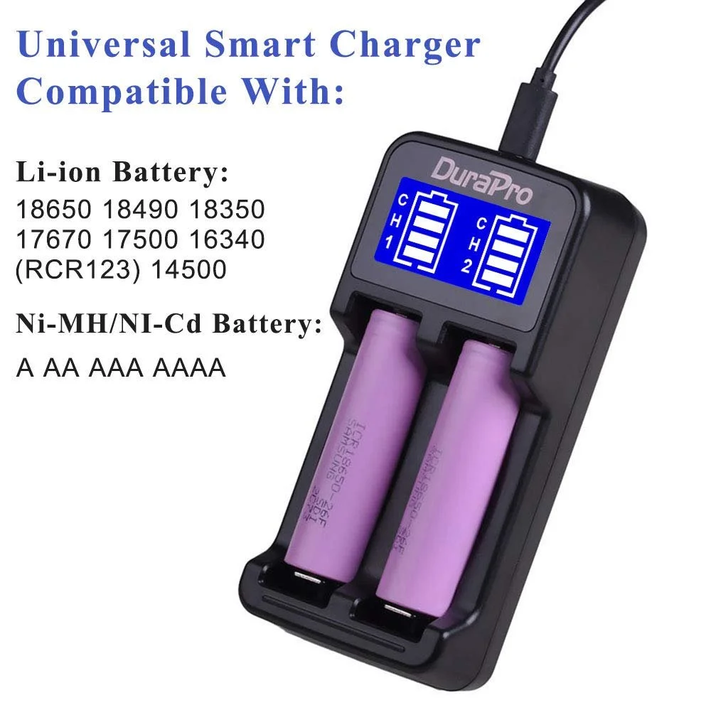 Зарядний пристрій DuraPro LCD Dual USB Intelligent для Li-Ion/NI-MH/NI-Cd 18650 18500 18490 18350 17670 17500 16340 (RCR123) 14500 AА AАA AAAA, фото №2