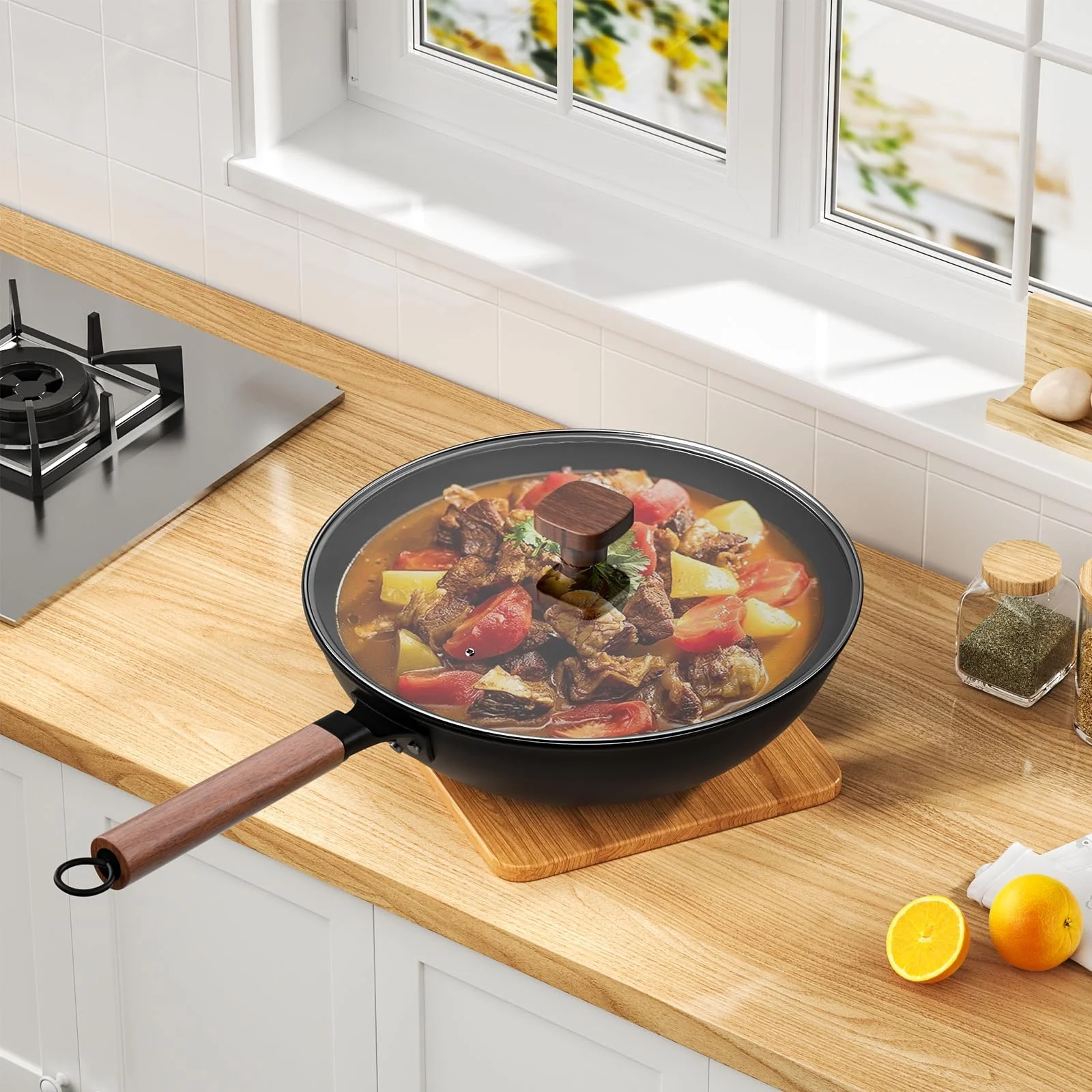 Сковорідка-Wok Jobin 33 см / 5.6 л з кришкою, вуглецева сталь, для азіатських страв, для 4-6 осіб, фото №8 Сковорідка-Wok Jobin 33 см / 5.6 л з кришкою, вуглецева сталь, для азіатських страв, для 4-6 осіб, фото №8