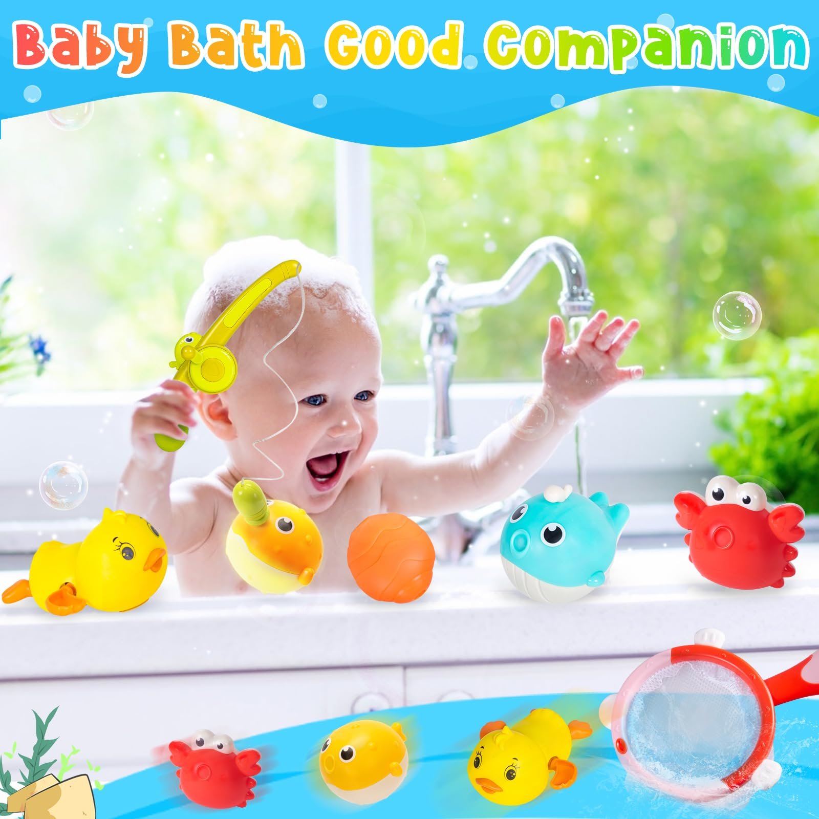 Іграшка для ванни Магнітна риболовля для дітей від 1 року, 7 предметів: 3 магнітні іграшки з підсвічуванням, заводний плаваючий каченя, сачок, вудка, сплеш-м'яч, фото №6