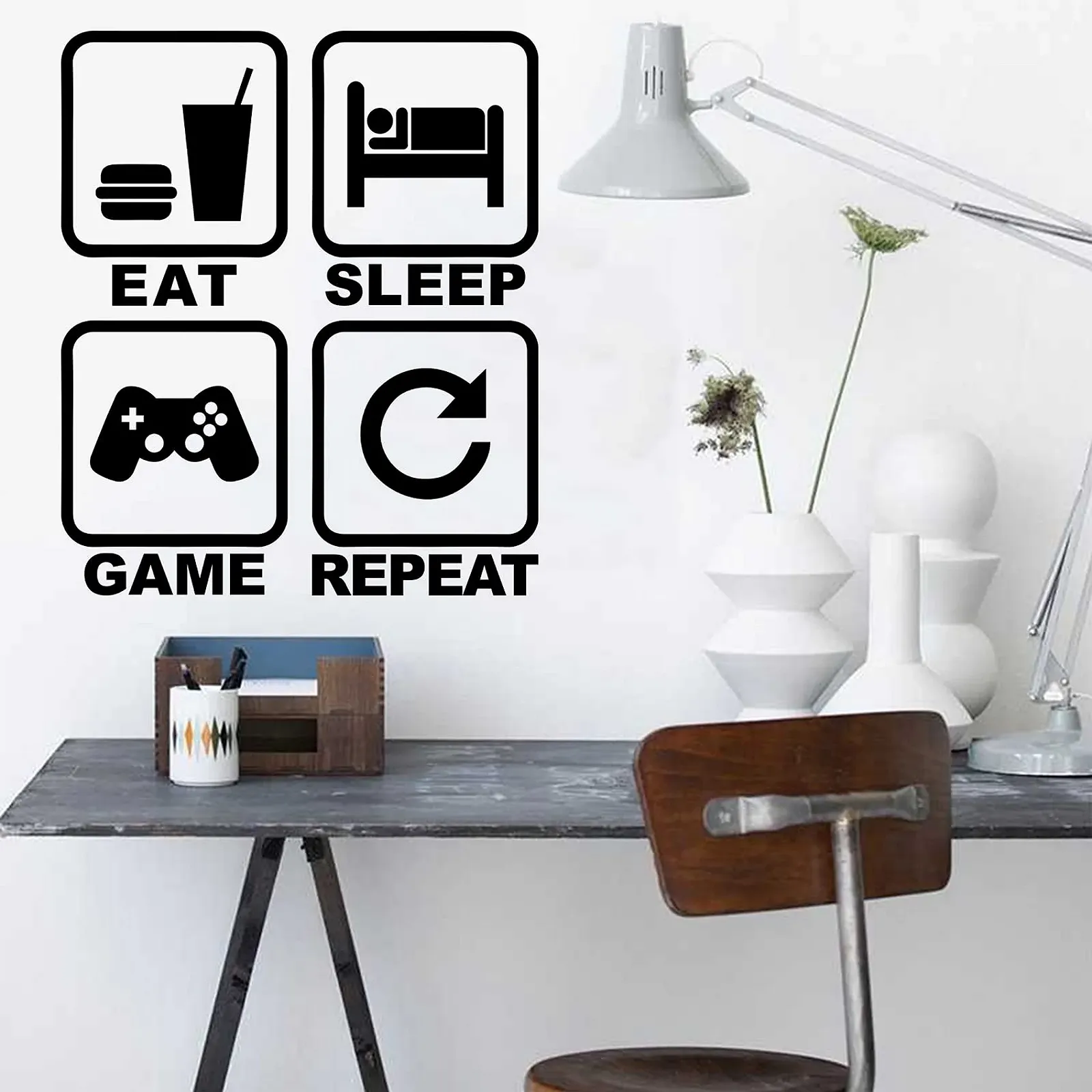 Наклейка на стіну Eat Sleep Game Repeat Контролер Вінілова Чорна, фото №3
