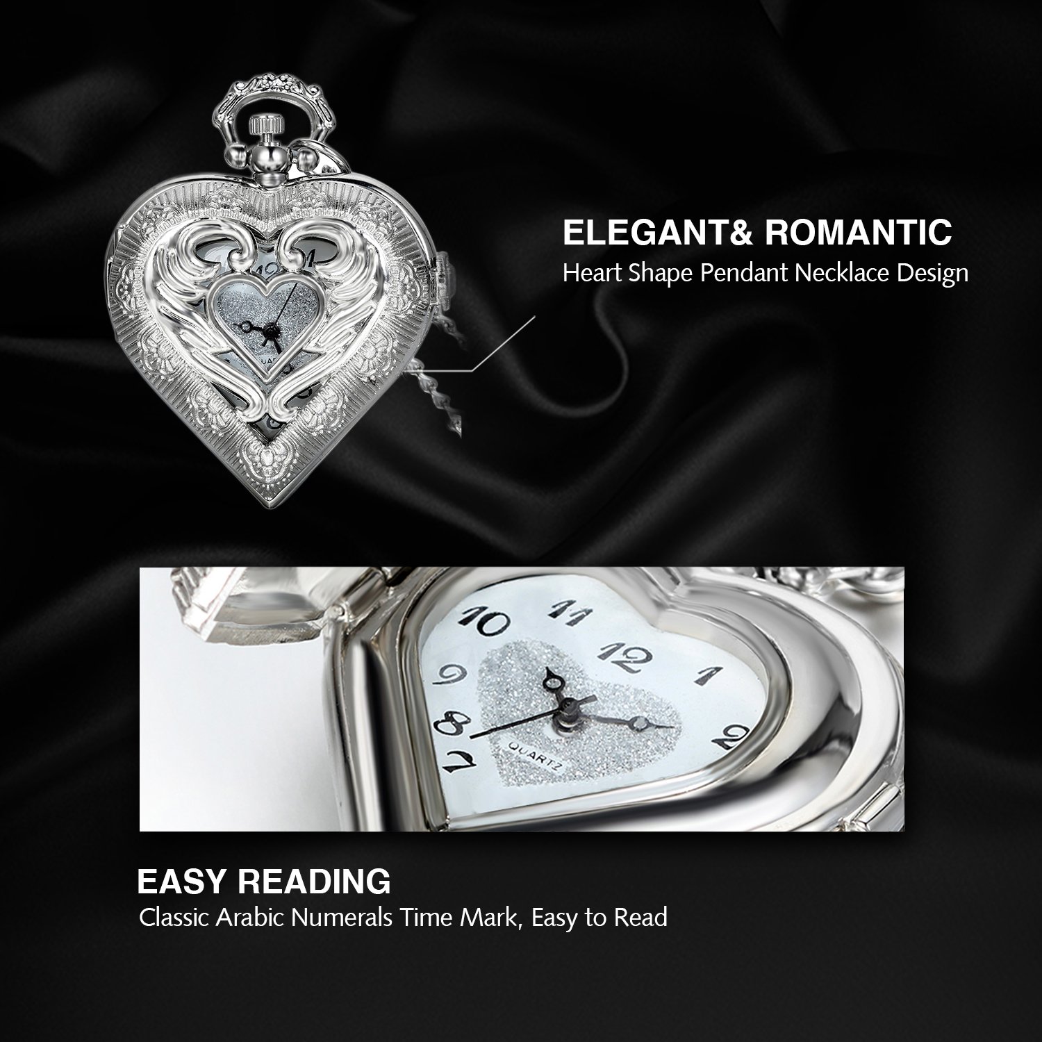 Карманные часы Avaner Heart Shape Design Женские кварцевые с арабскими цифрами Серебро, фото №4
