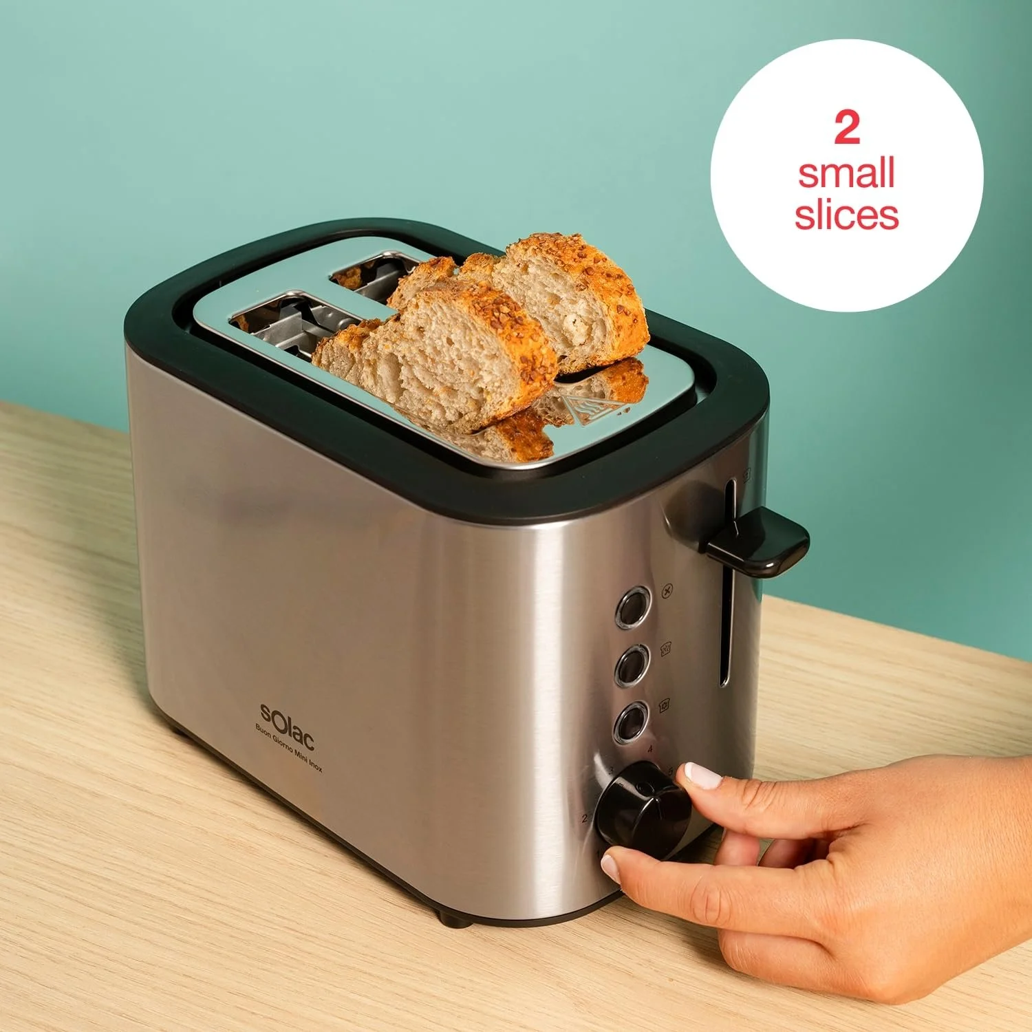 Тостер Solac Buon Giorno Mini Inox, 870 Вт,  6 рівнів підсмажування, 3 функції, 2 скибочки, самоцентрування, LED-підсвітка, висувний піддон для крихт, сірий, фото №6