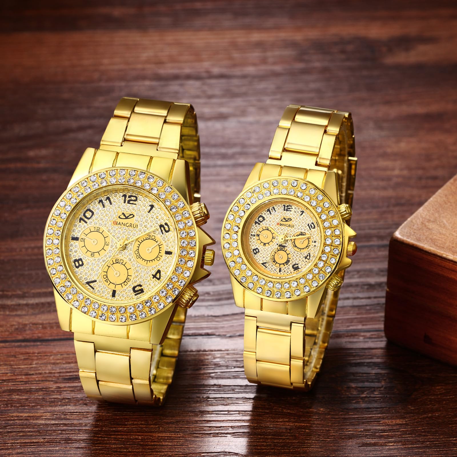 Часы Avaner Watches Couples Gold Женские часы с кристаллами Кварцевые аналоговые с арабскими цифрами Золотые, фото №4