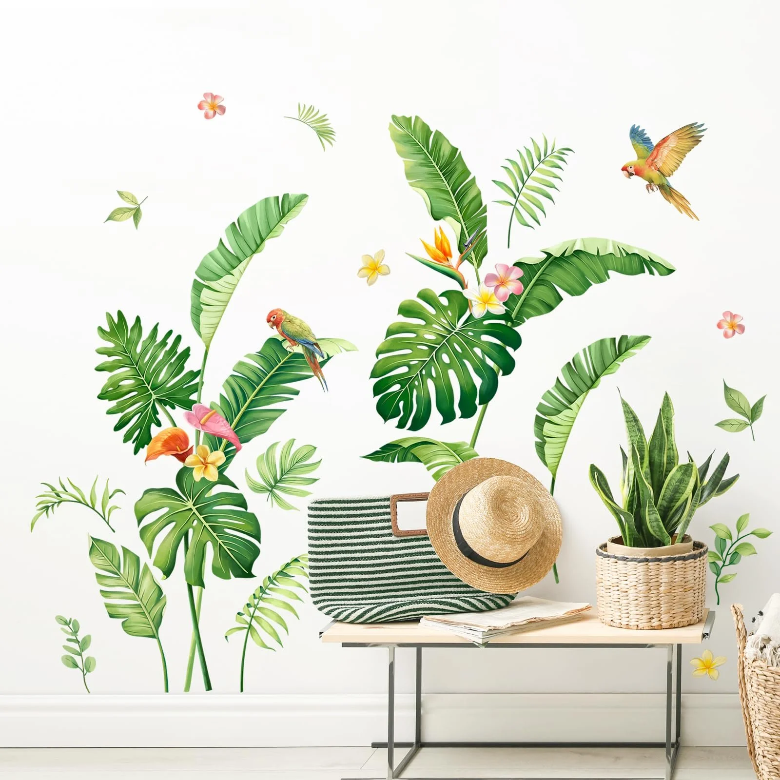 Наклейка на стіну Supzone Тропічне листя Пальма Монстера Квіти Птахи Зелена, фото №2