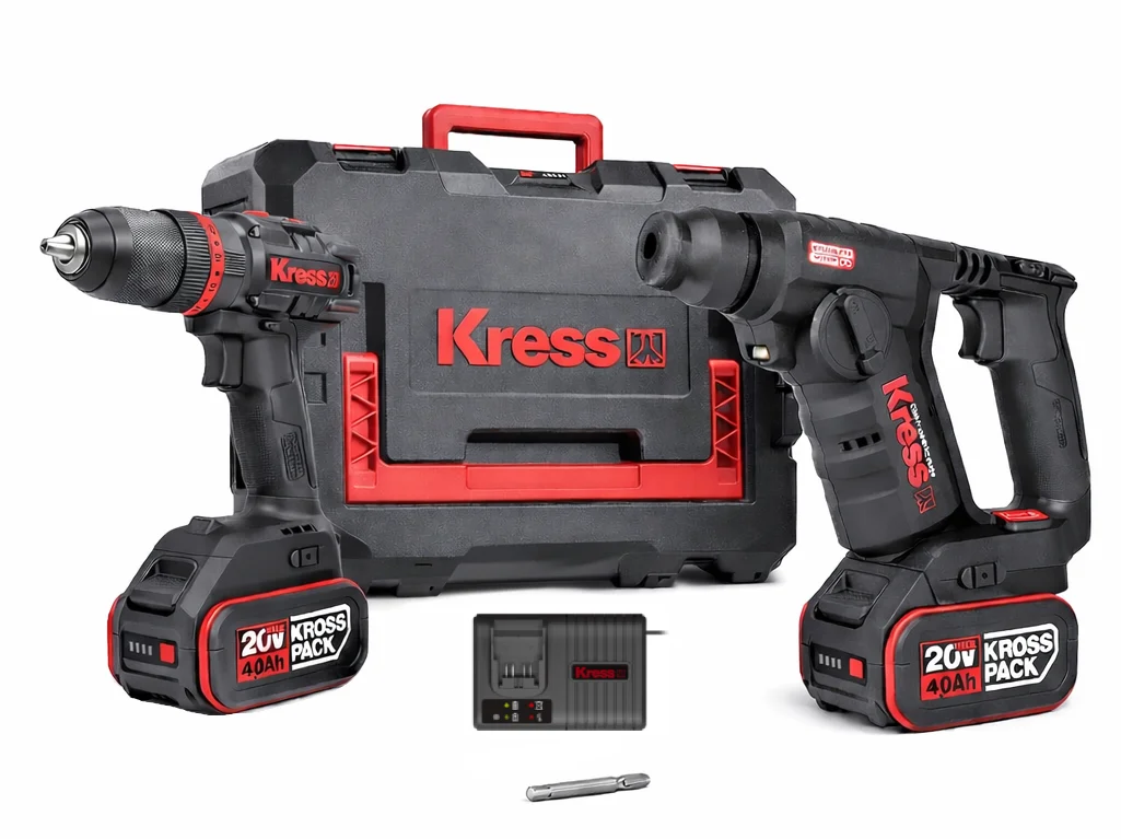 Комплект Дриль-шуруповерт акумуляторний Kress KUA71 / 20В / 60 Нм / Безщітковий / 2 швидкості + перфоратор акумуляторний  Kress KUC50.91 / BL / 1.7Дж / Чорний, фото №1