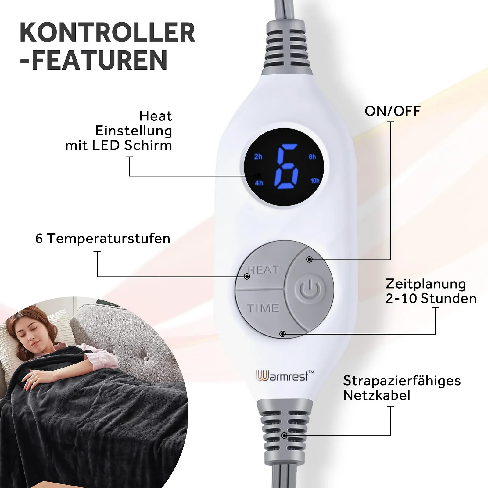 Электрическое одеяло Warmrest 130 x 100 см, фланель, 6 уровней температуры, защита от перегрева, серое, фото №2