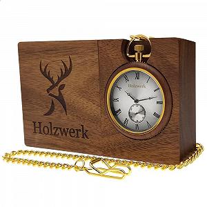 Карманные часы Holzwerk Germany 2 в 1 Подставка Часы Эко Натуральное дерево с цепочкой Коричневый Золотой Серебряный Римские цифры - Фото 1