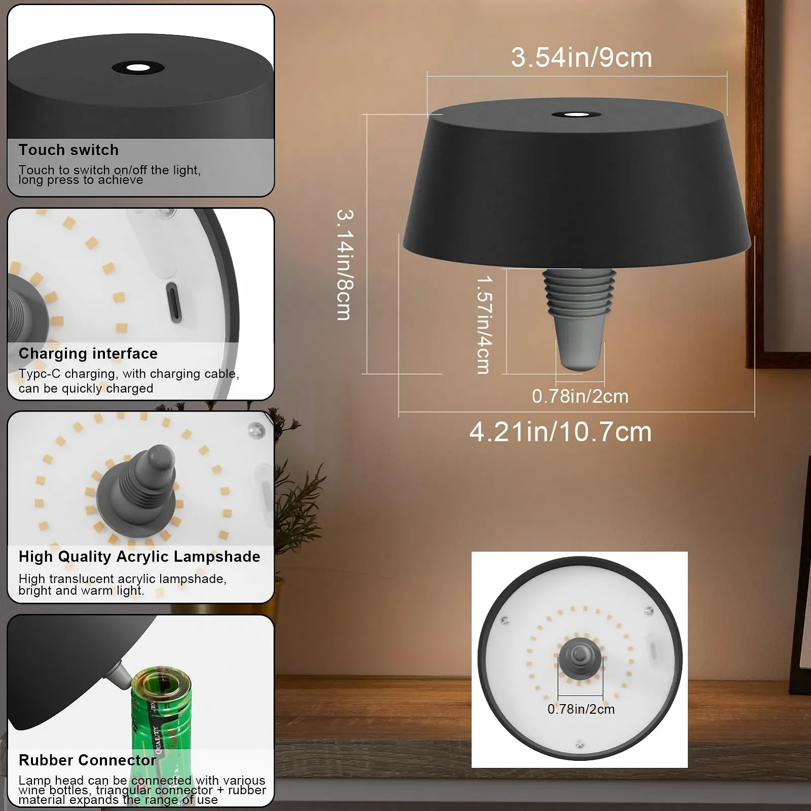 Настільна лампа Klighten (2 шт.) LED акумуляторна для пляшок димована IP54 3000 K 3 Вт, фото №5