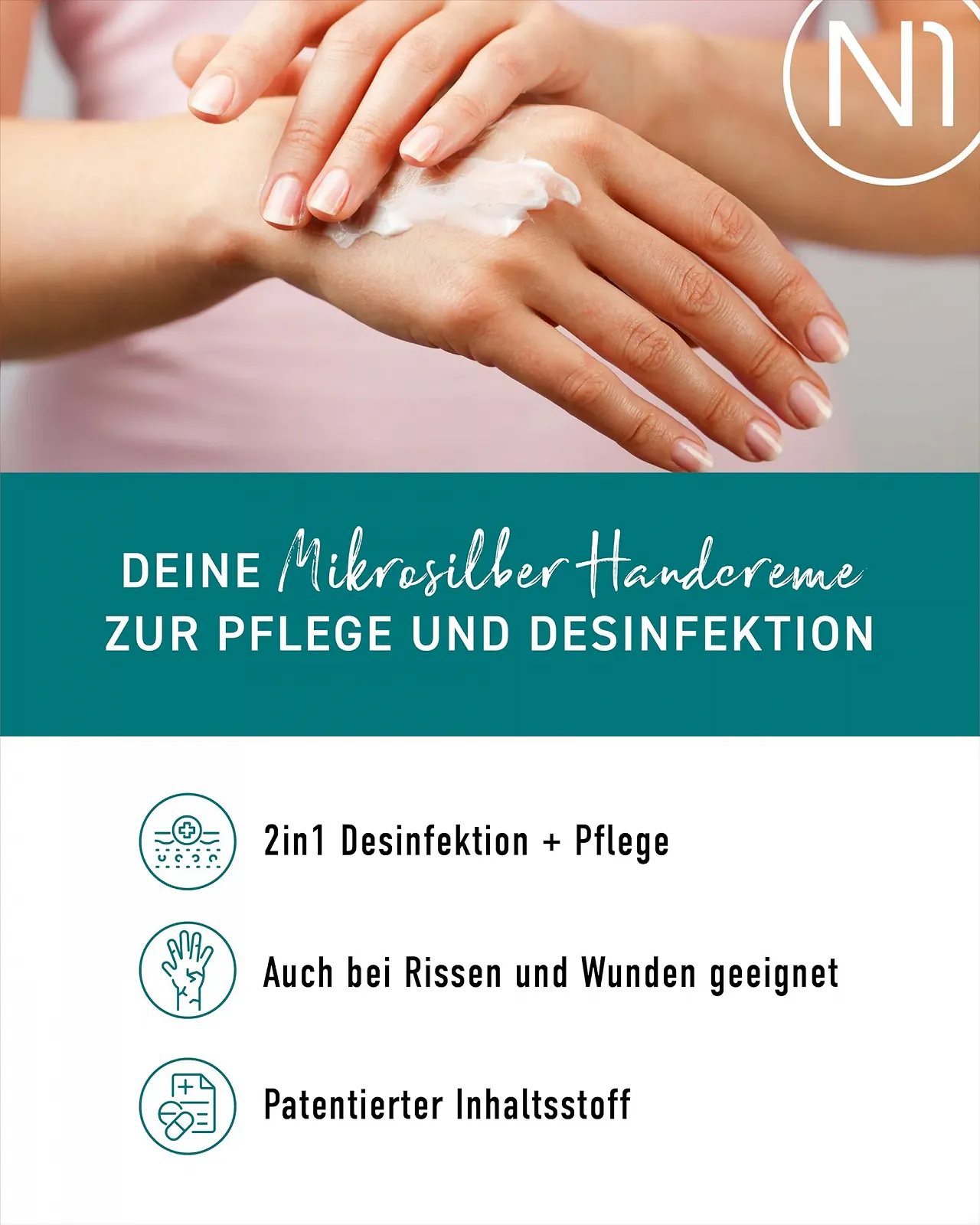 Крем для рук N1 Mikrosilber для очень сухой кожи рук 50 мл, содержит дезинфицирующее средство, фото №3