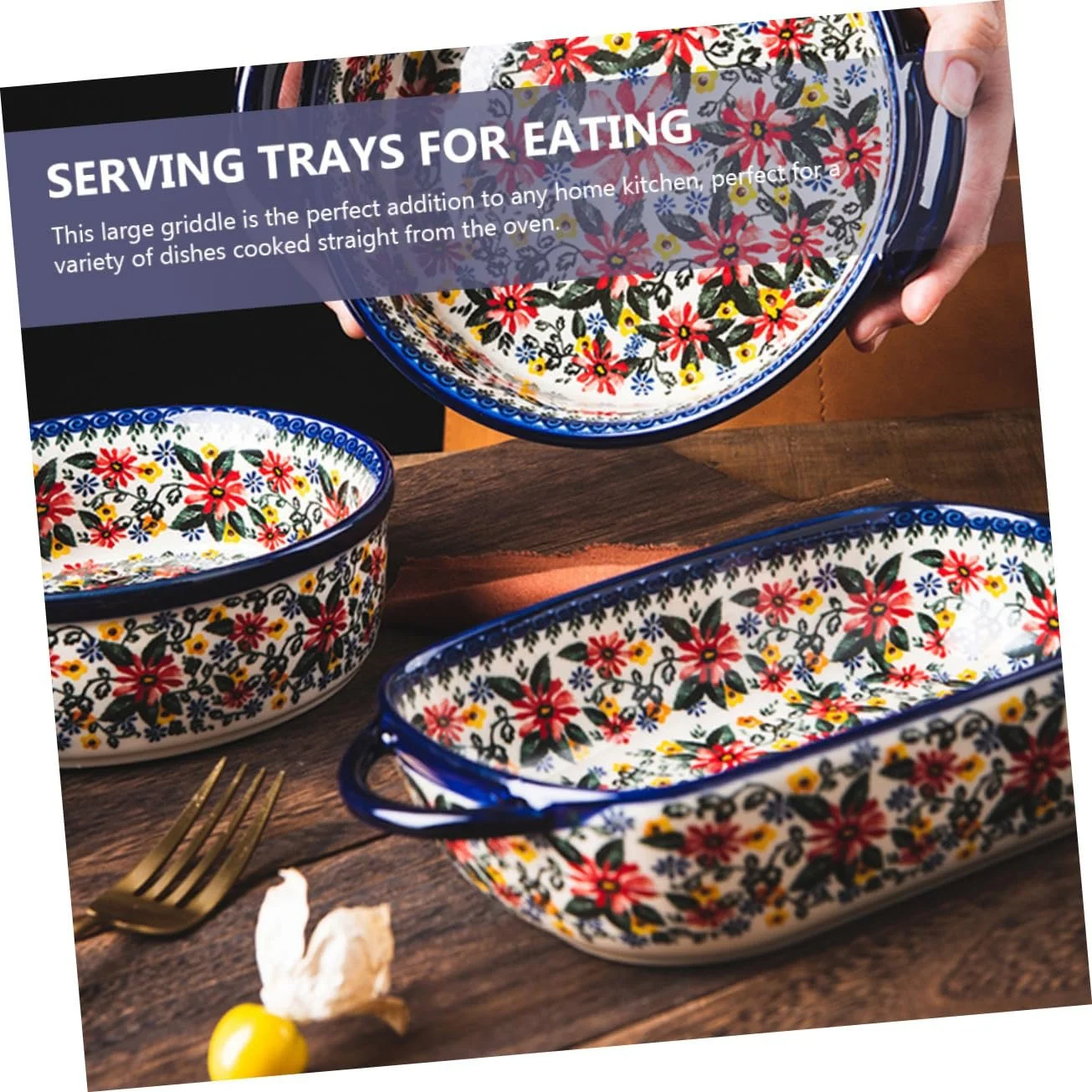 Форма для запекания Amosfun керамическая с цветочным узором, прямоугольная, нескользящая, с ручками, фото №7