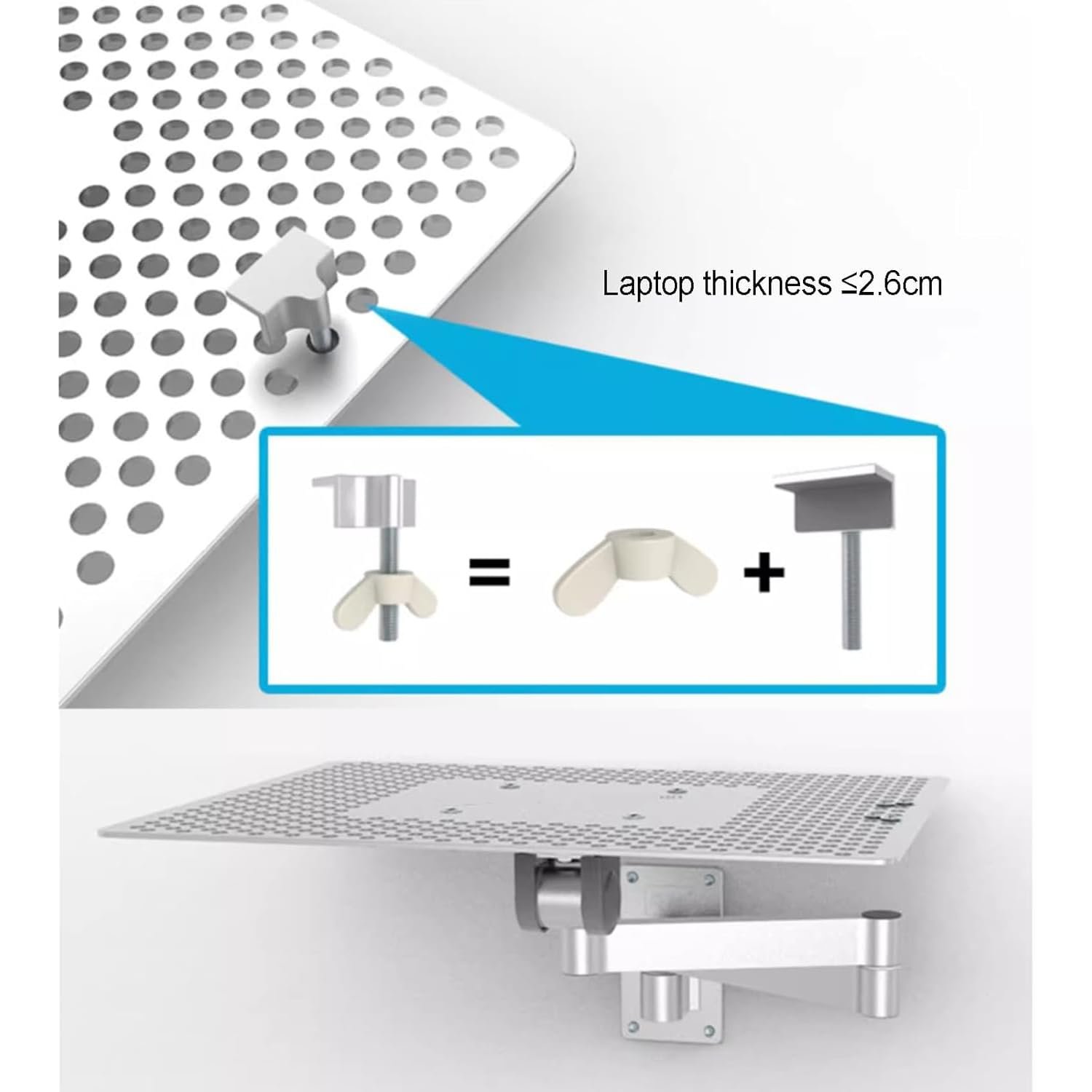 Настінна підставка для ноутбука з регулюванням і підносом для миші, вантажопідйомність 8 кг, вентильована охолоджуюча платформа, фото №6